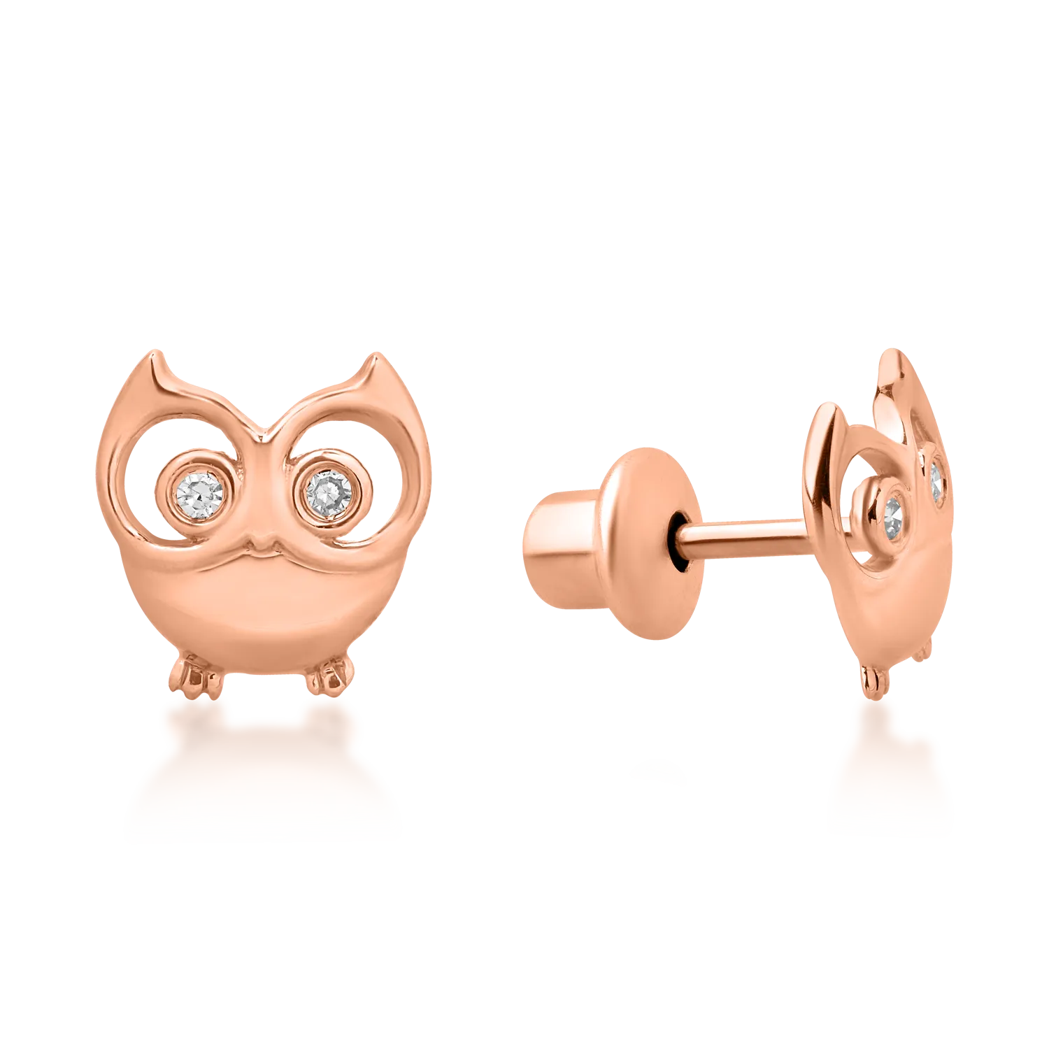 14K rose gold children's owl earrings with 0.02ct diamonds
