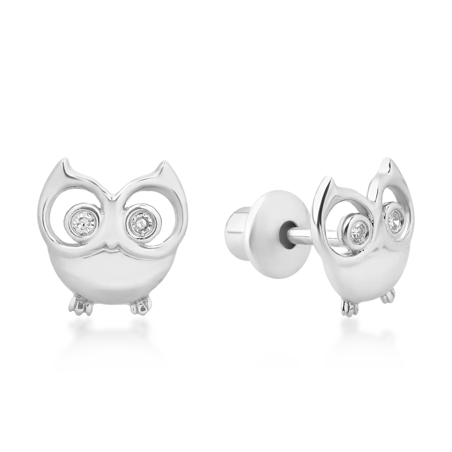 14K white gold children's owl earrings with 0.015ct diamonds