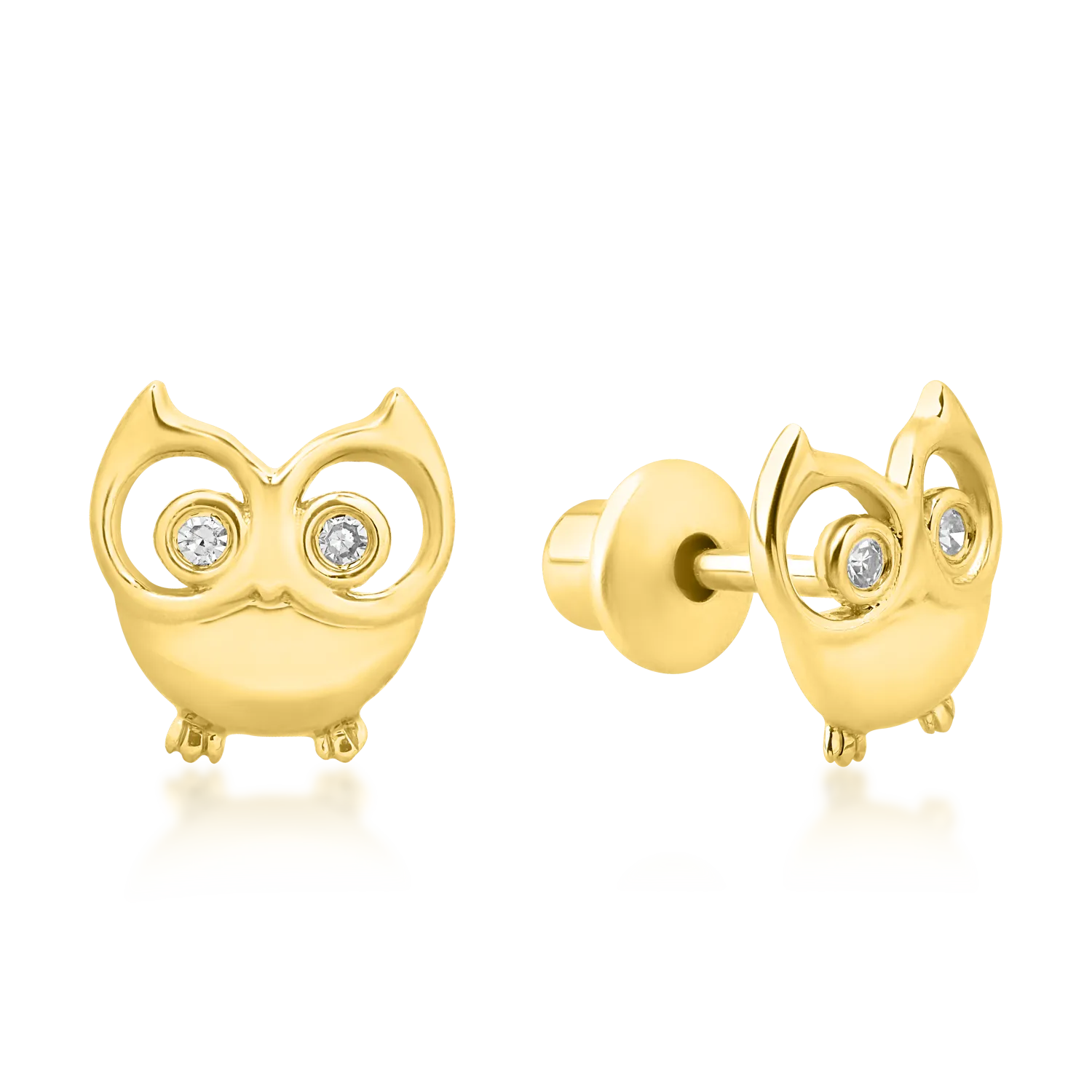 14K yellow gold children's owl earrings with 0.015ct diamonds
