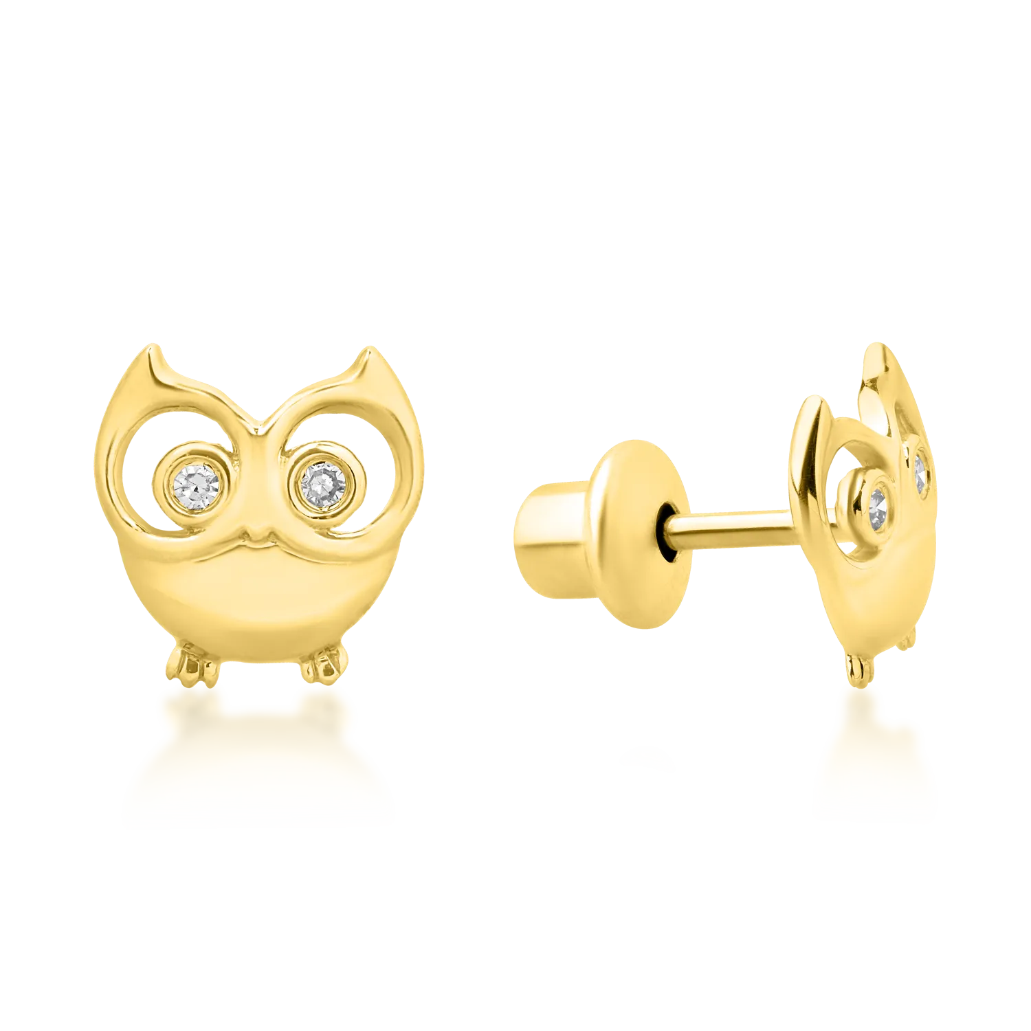 14K yellow gold children's owl earrings with 0.015ct diamonds