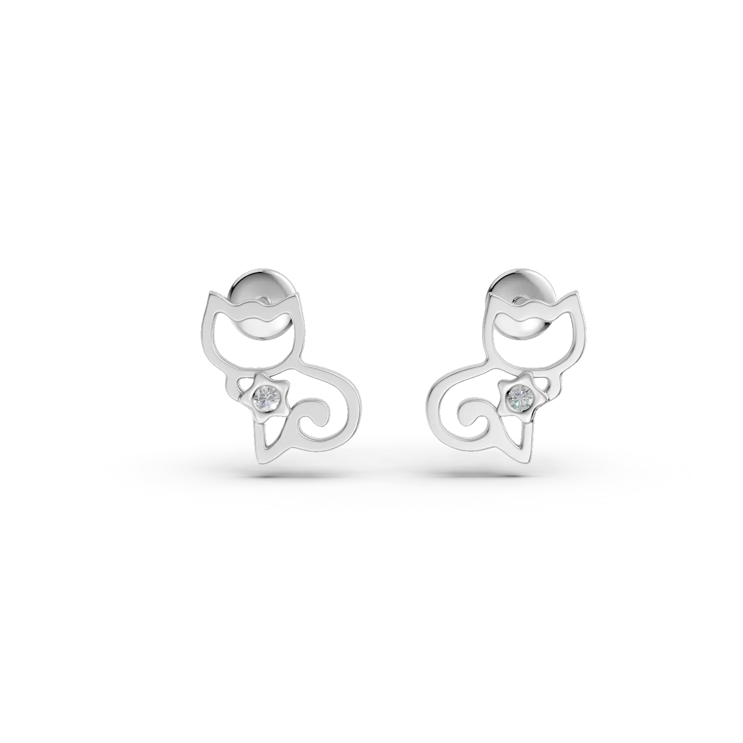 14K white gold children's cat earrings with 0.008ct diamonds