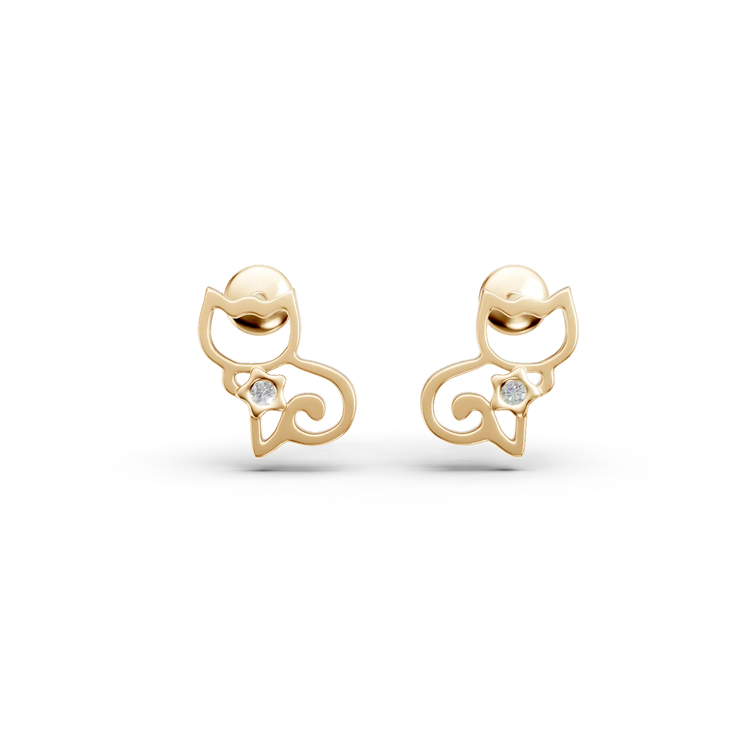 14K yellow gold children's cat earrings with 0.008ct diamonds