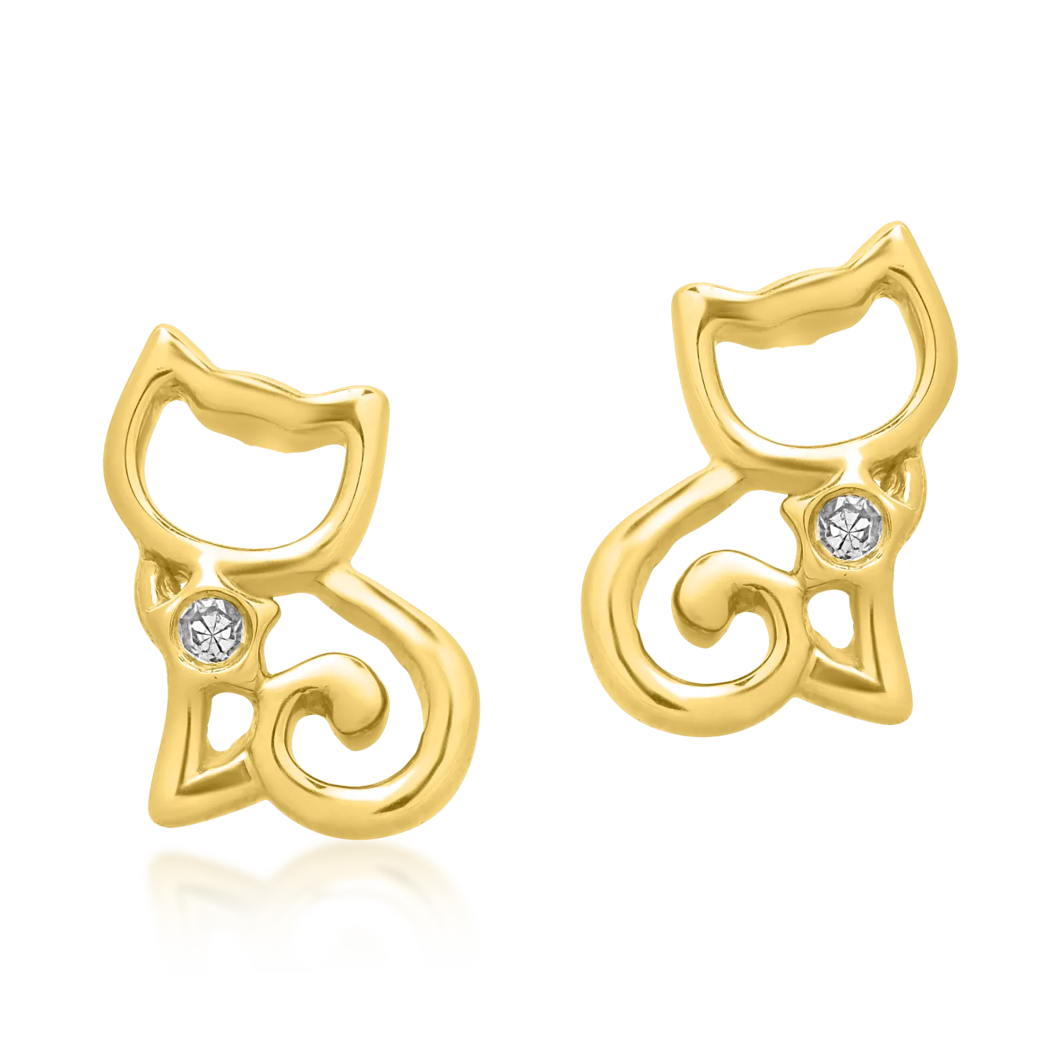 14K yellow gold children's cat earrings with 0.008ct diamonds