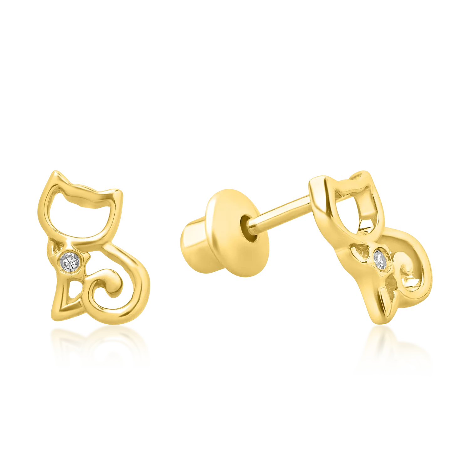 14K yellow gold children's cat earrings with 0.008ct diamonds