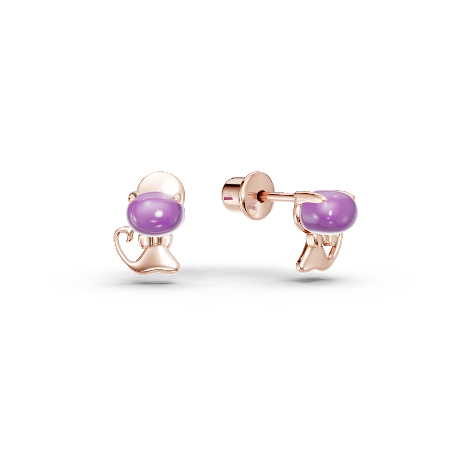 14K rose gold children's cat earrings with 0.36ct amethysts