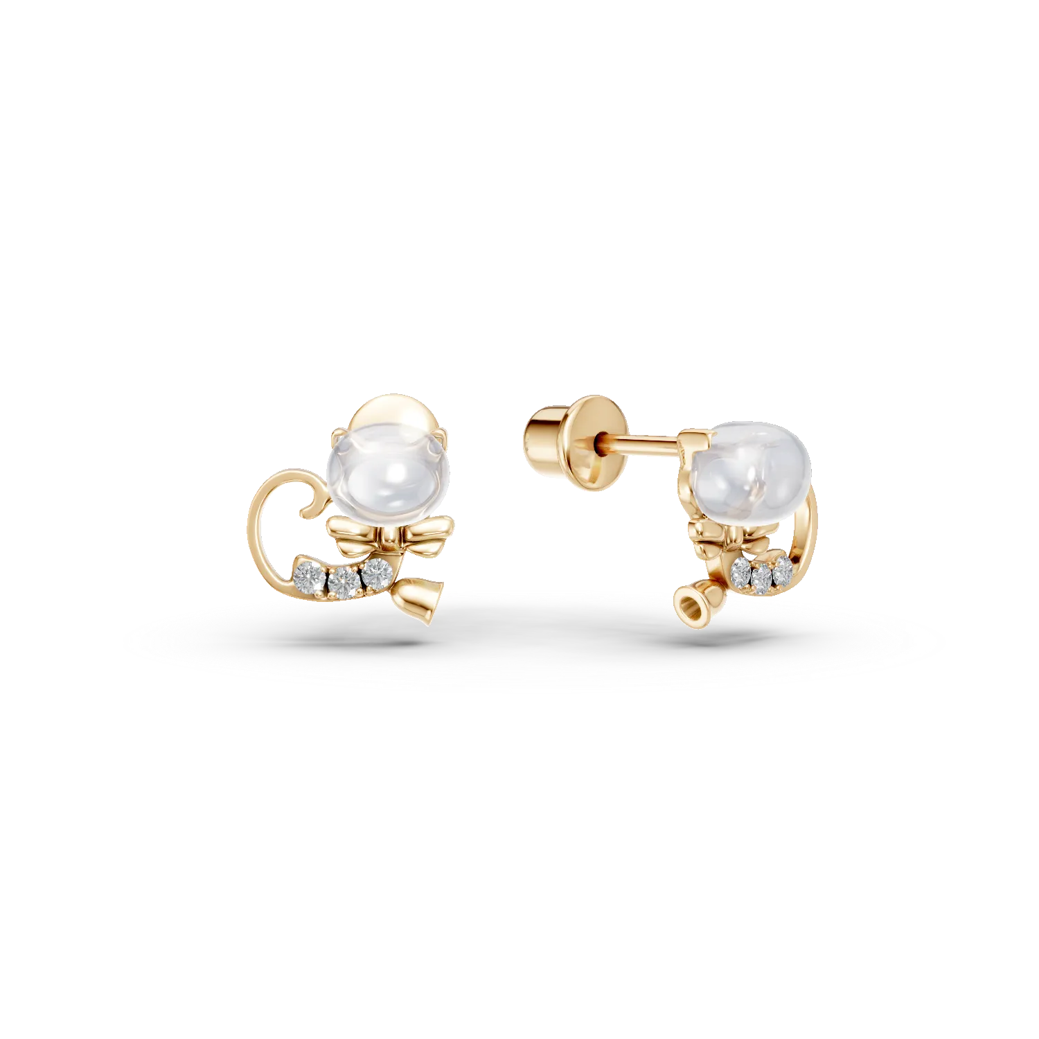 Cercei pisicute pentru copii din aur galben cu topaze albe de 0.63ct si diamante de 0.035ct