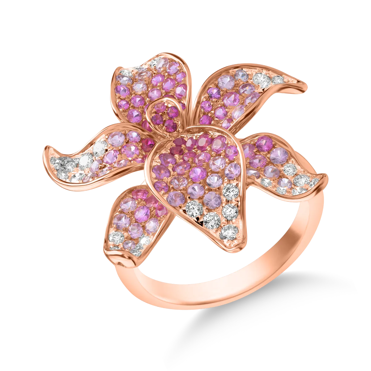 18K rose gold flower ring with 1.64ct precious stones