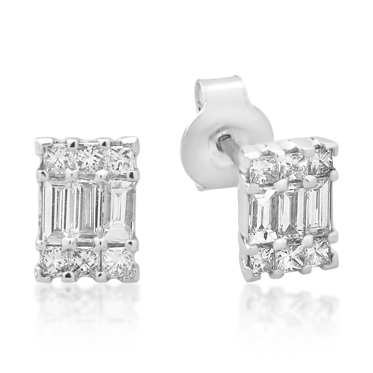 Cercei din aur alb cu diamante baguette si rotunde de 0.51ct