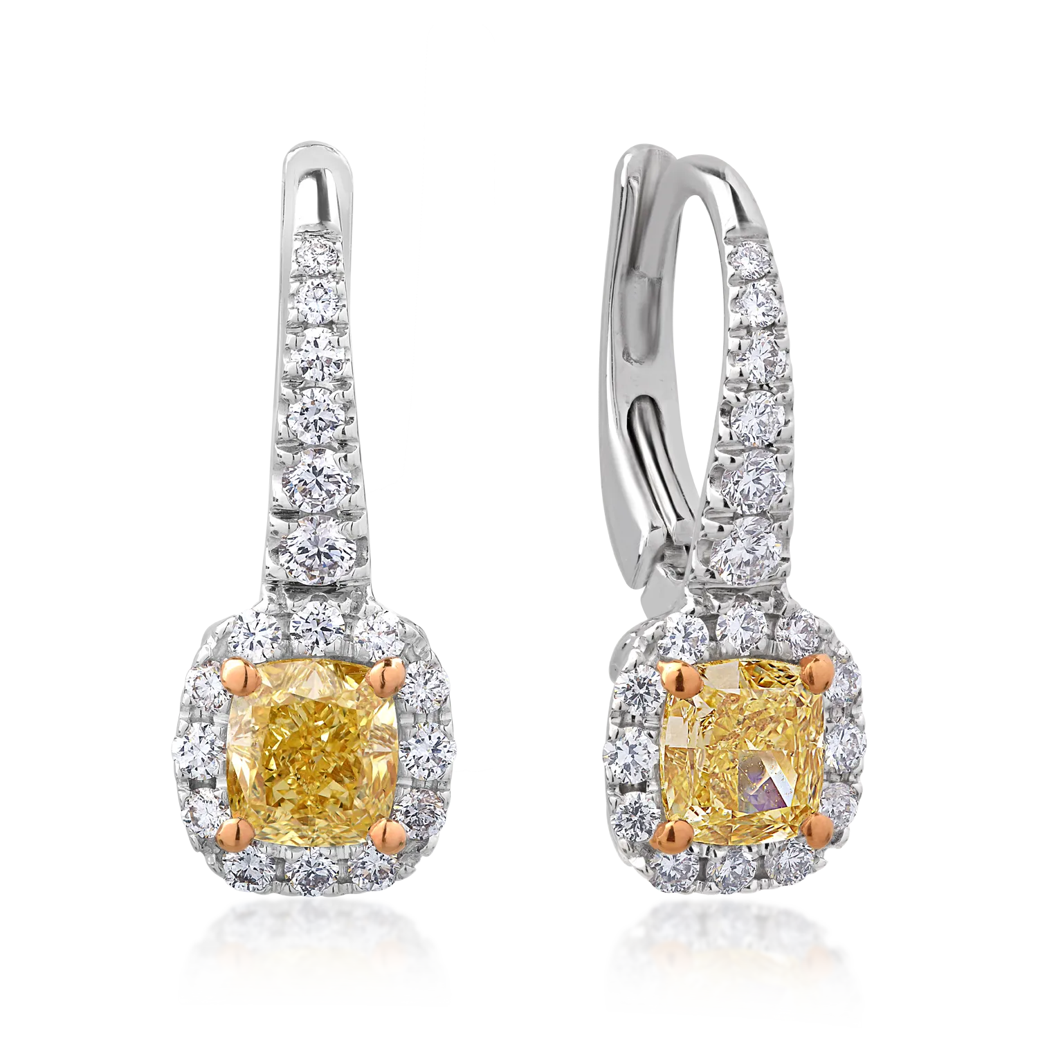 Cercei din aur alb cu diamante fancy-galbene radiant de 1.19ct si diamante incolore round de 0.52ct