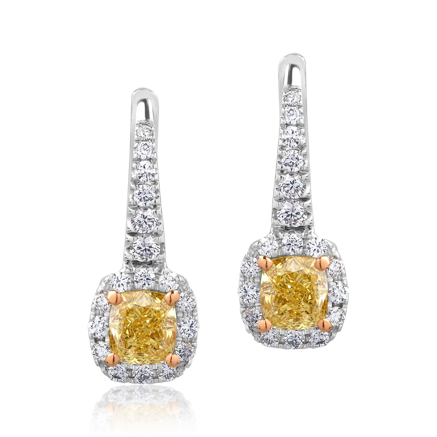 18K white gold earrings with 1.19ct fancy-yellow diamonds and 0.52ct clear diamonds