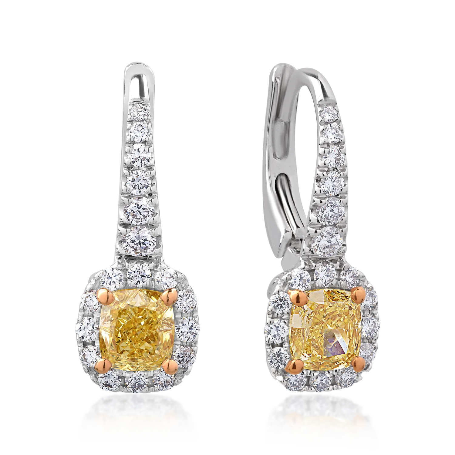 18K white gold earrings with 1.19ct fancy-yellow diamonds and 0.52ct clear diamonds