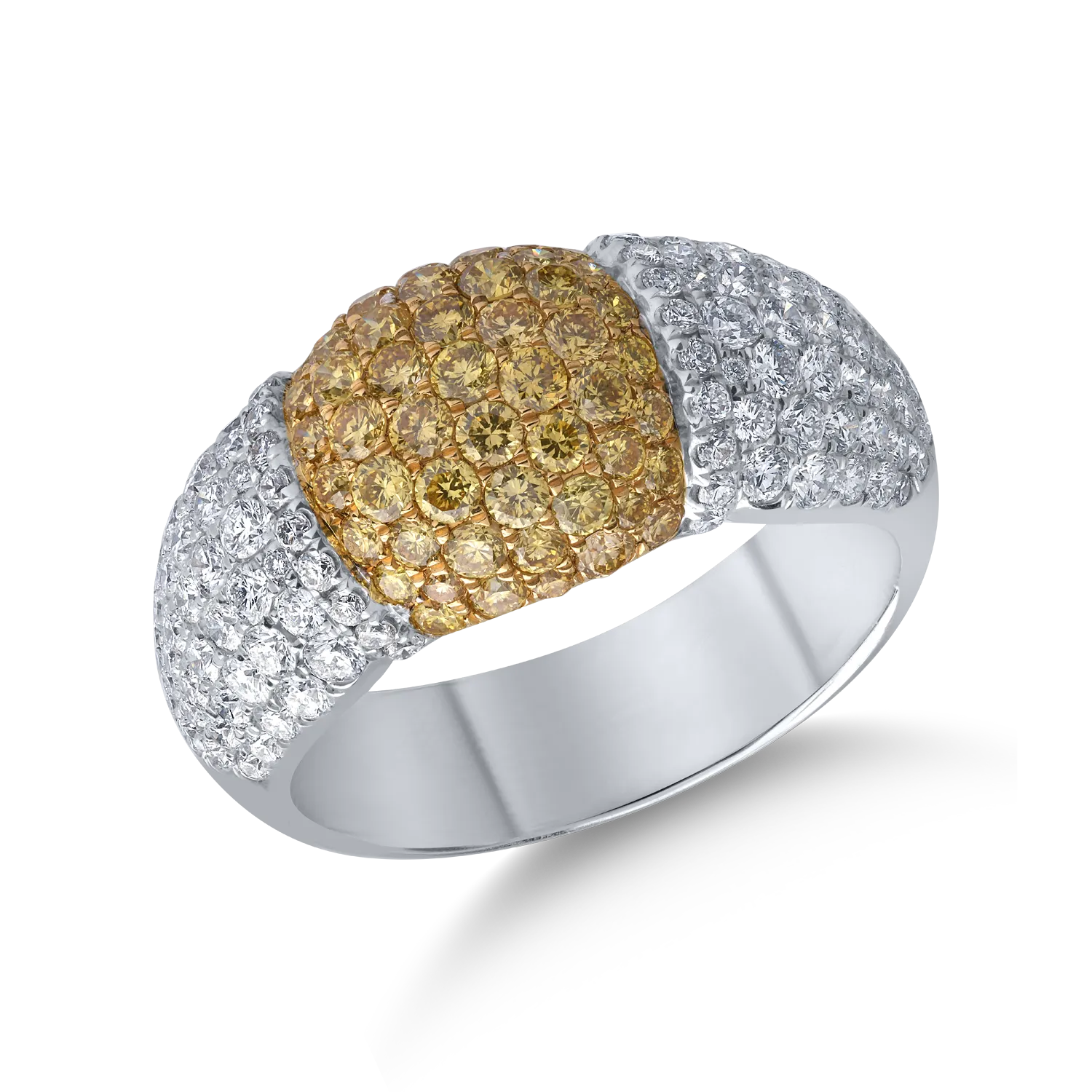 Inel din aur alb-galben cu diamante fancy-galbene de 1.01ct si diamante de 1.19ct