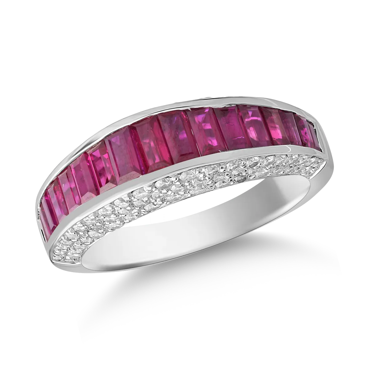 Inel din aur alb cu rubine baguette de 1.7ct si diamante de 0.8ct