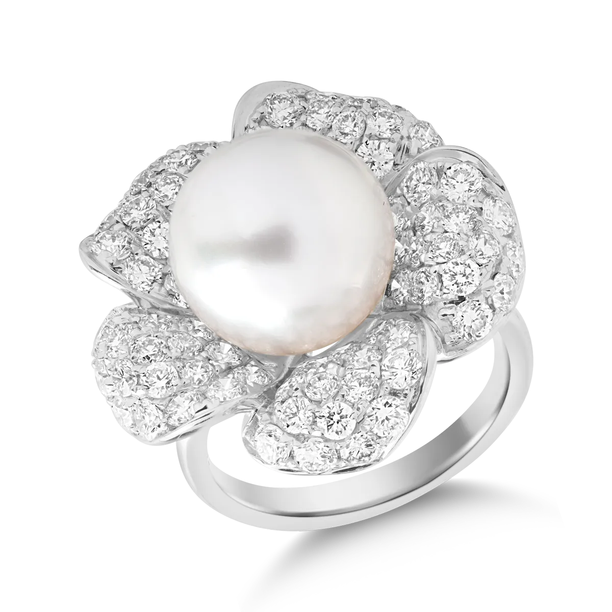 Inel floare din aur alb de 18K cu perla de cultura de 12.25ct si diamante de 2.99ct