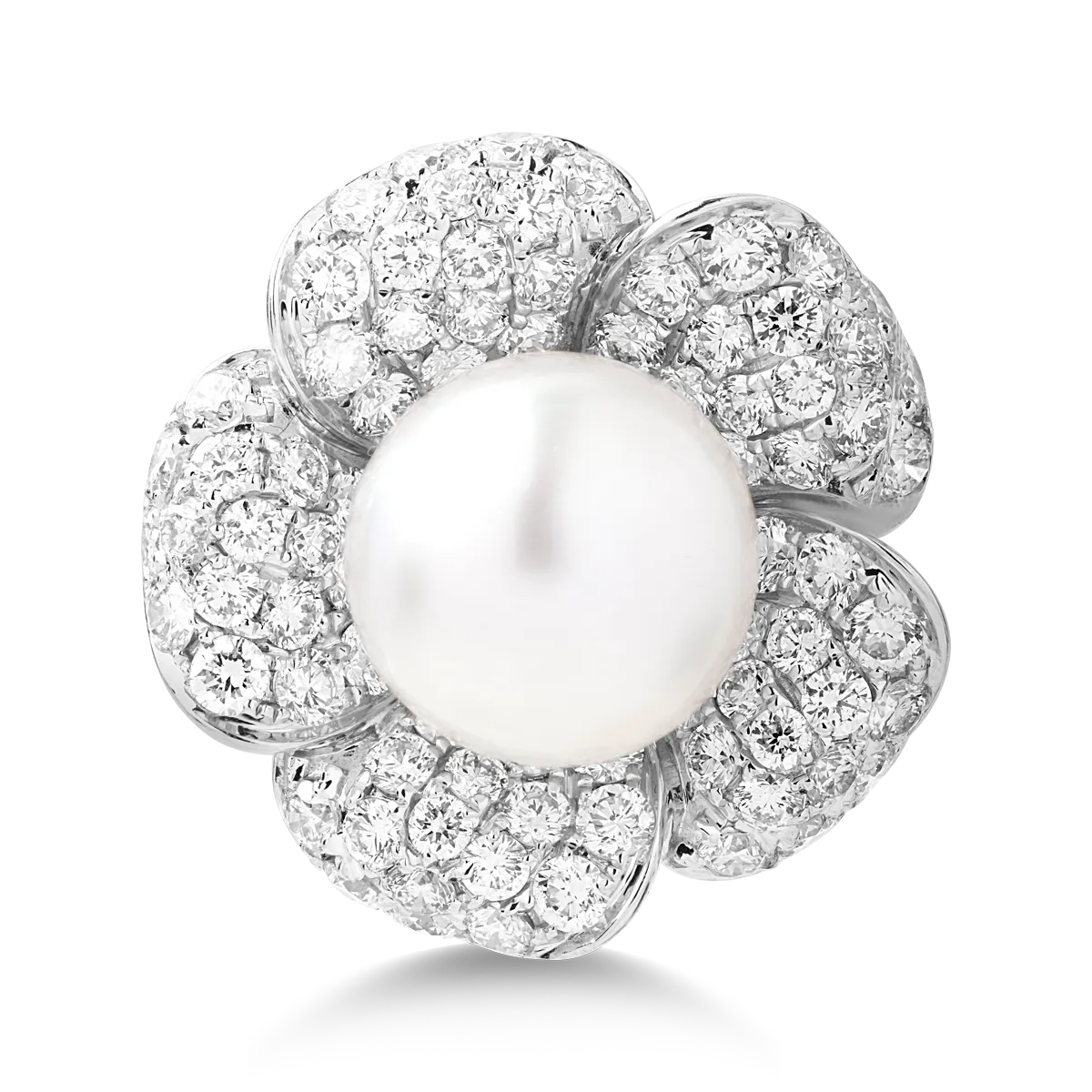 18K white gold flower ring with cultured pearl of 12.25ct and diamonds of 2.99ct