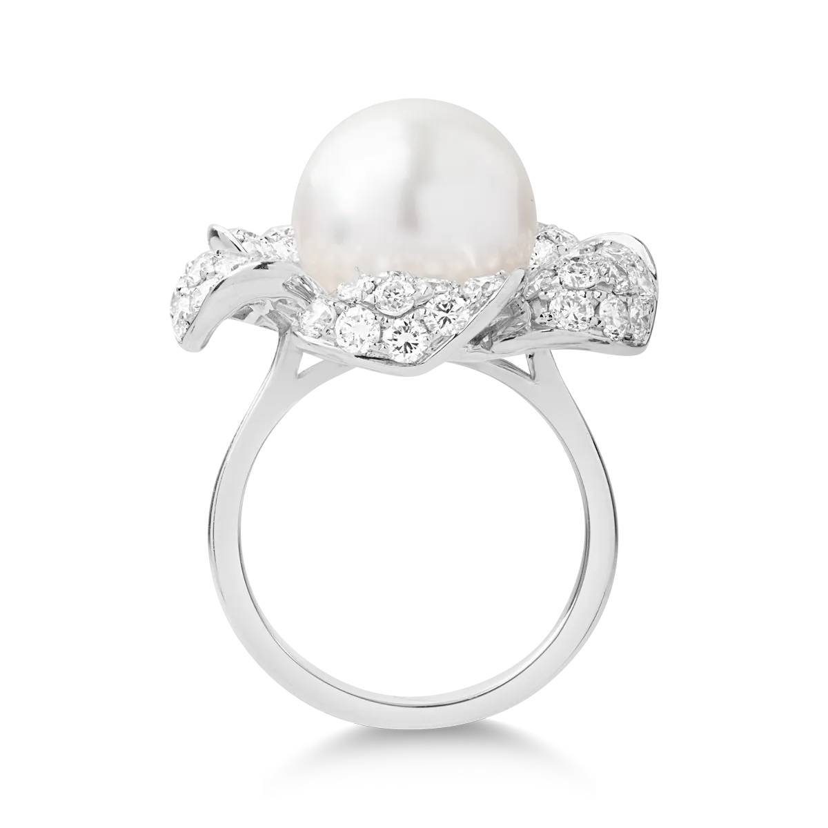 18K fehér arany virággyűrű tenyésztett gyönggyel 12.25ct és gyémántok 2.99ct
