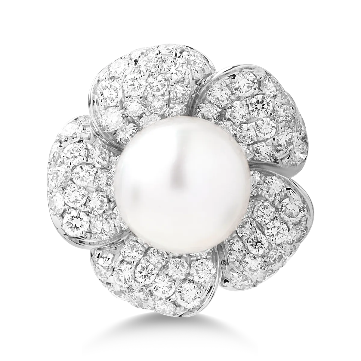 18K fehér arany virággyűrű tenyésztett gyönggyel 12.25ct és gyémántok 2.99ct
