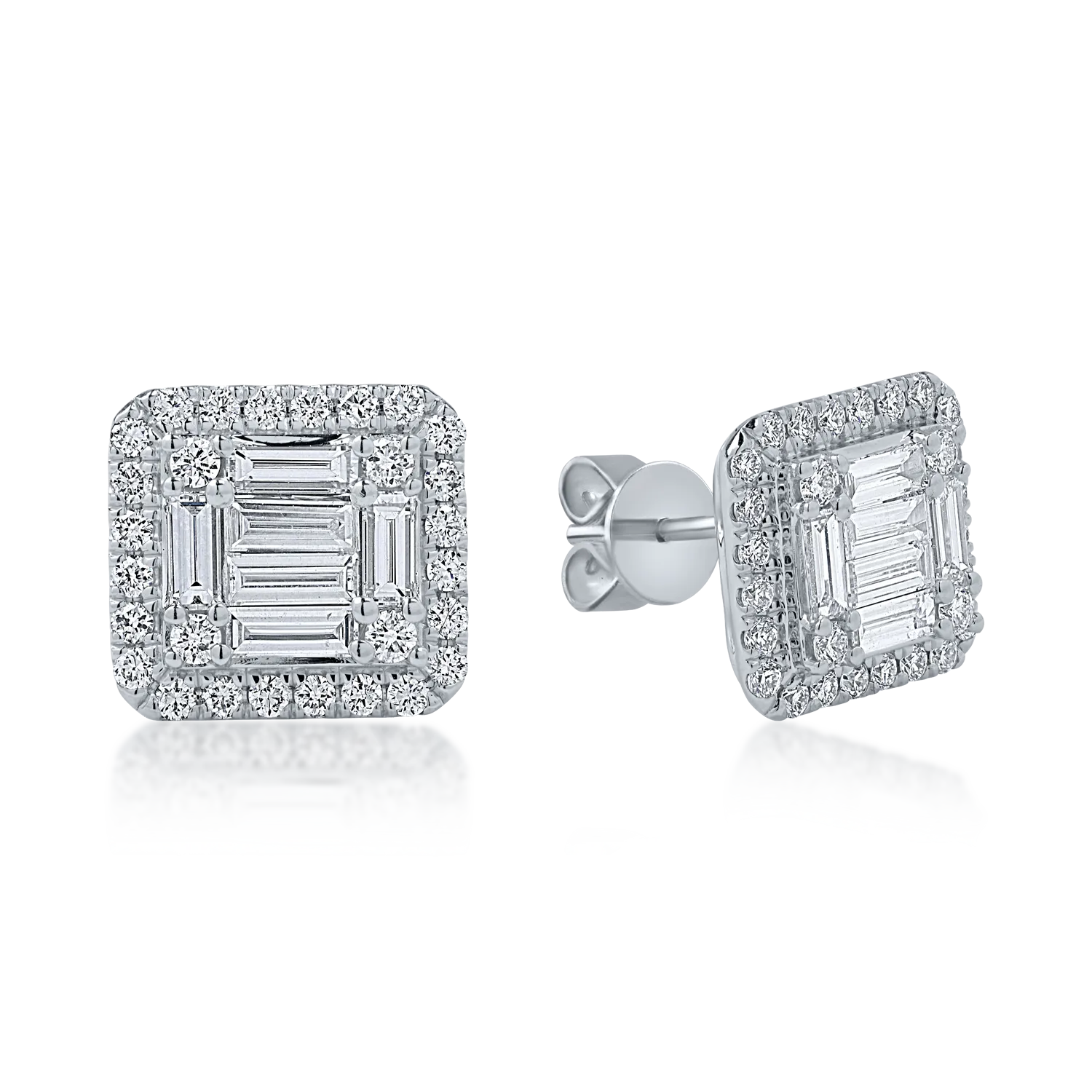 Cercei din aur alb cu diamante baguette si rotunde de 1.38ct