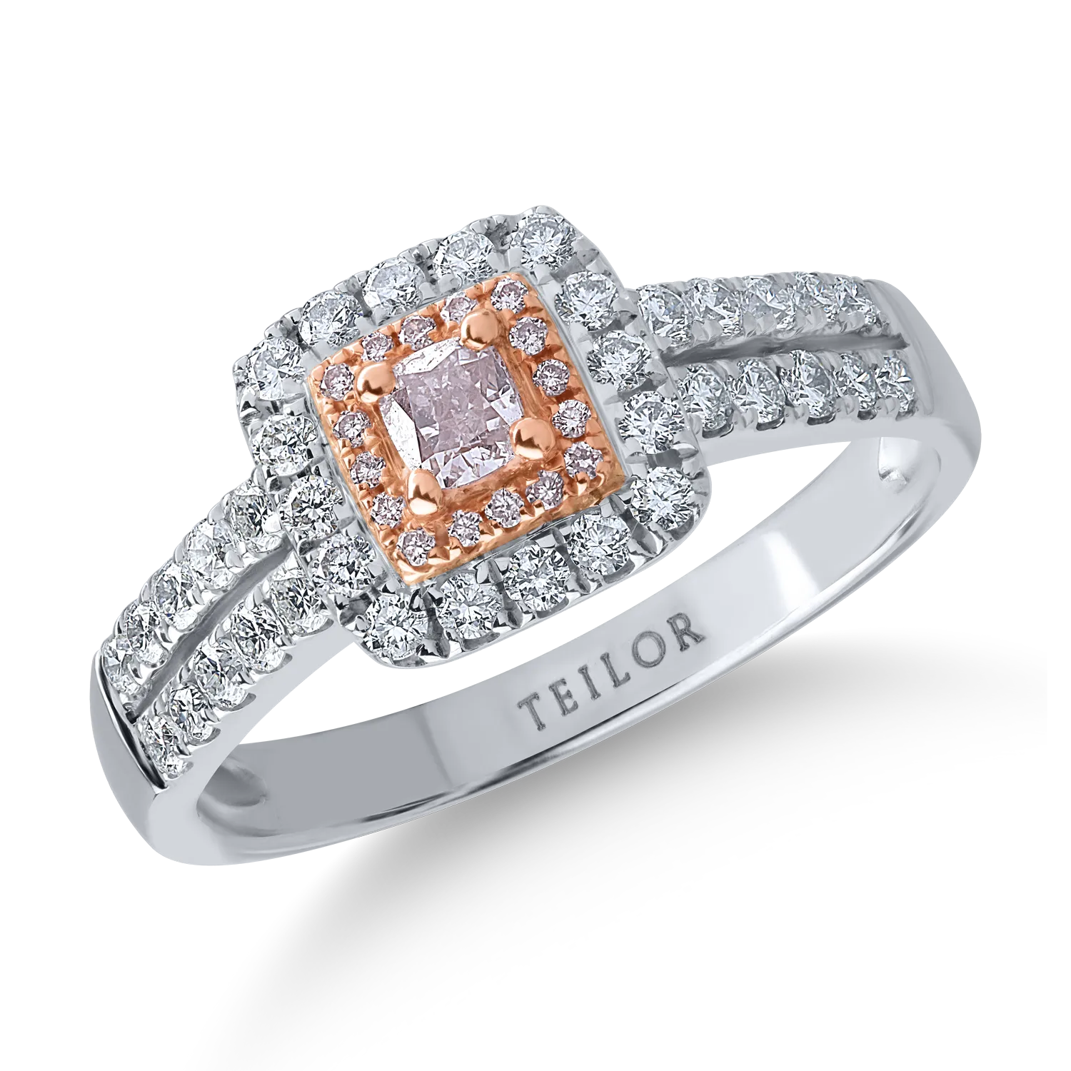Inel din aur alb-roz cu diamante transparente de 0.49ct si diamante roz cushion si rotunde de 0.21ct