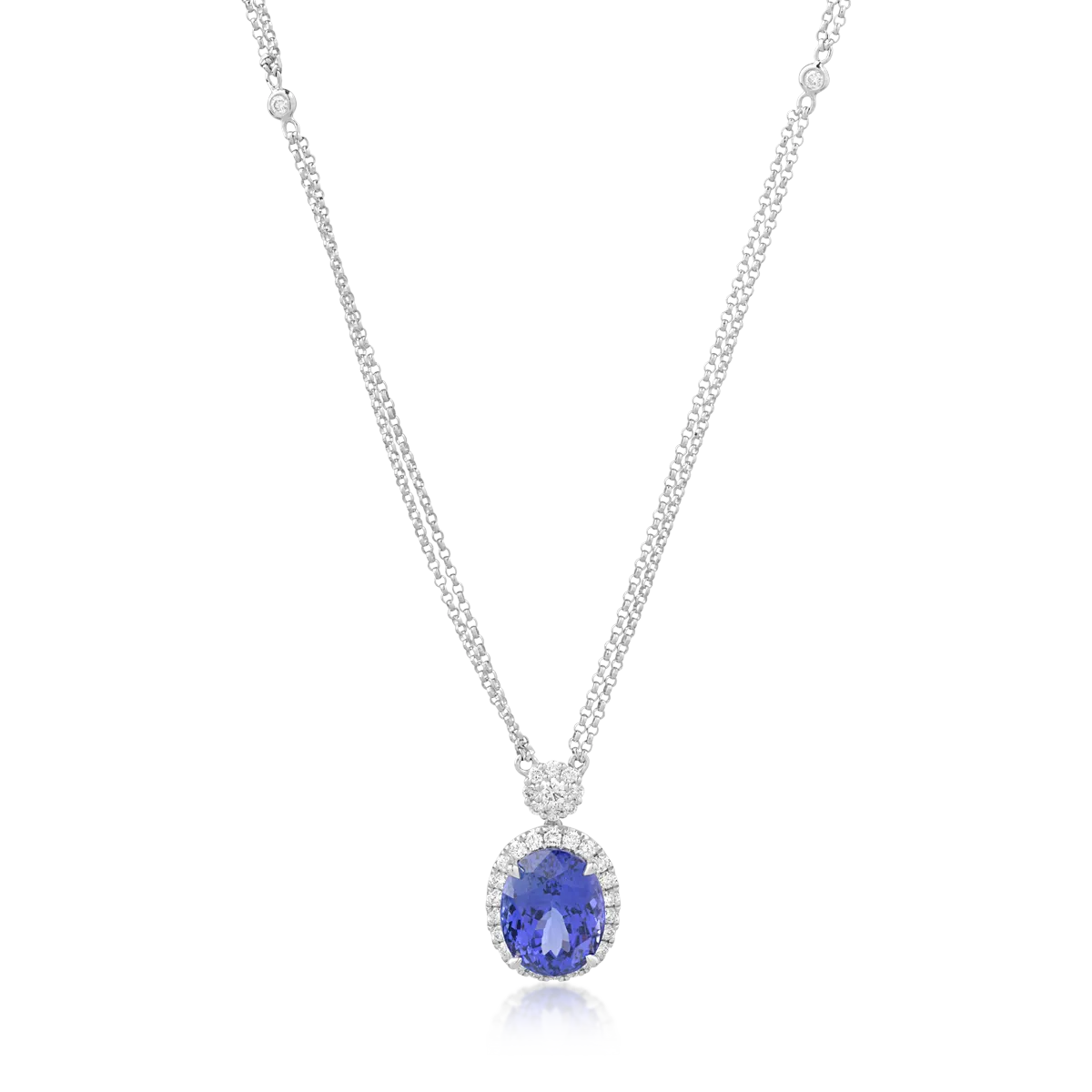 Lant cu pandantiv din aur alb cu tanzanit oval de 6.04ct si diamante de 0.58ct