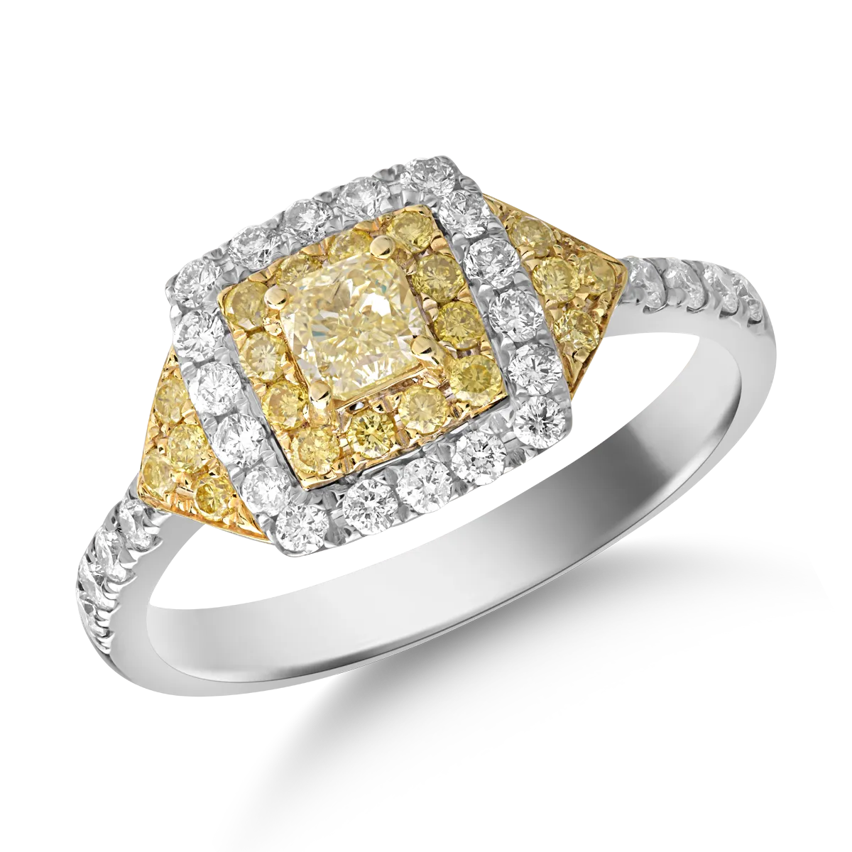 Пръстен от 18 карата бяло-жълто злато с 0,39 карата прозрачни диаманти и 0,54 карата жълти диаманти