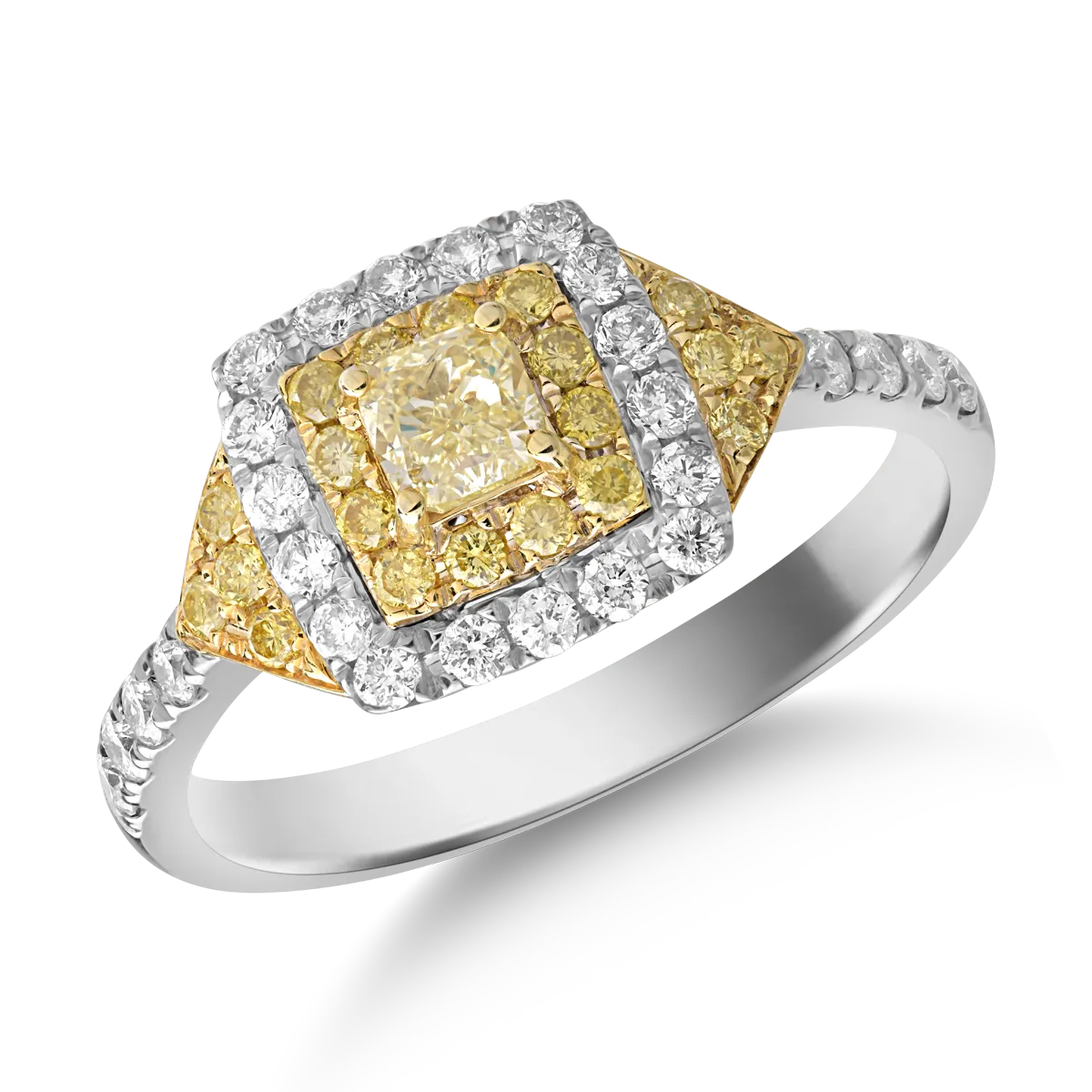 Teilor Inel din aur alb-galben cu diamante transparente de 0.39ct si diamante galbene cushion si rotunde de 0.54ct