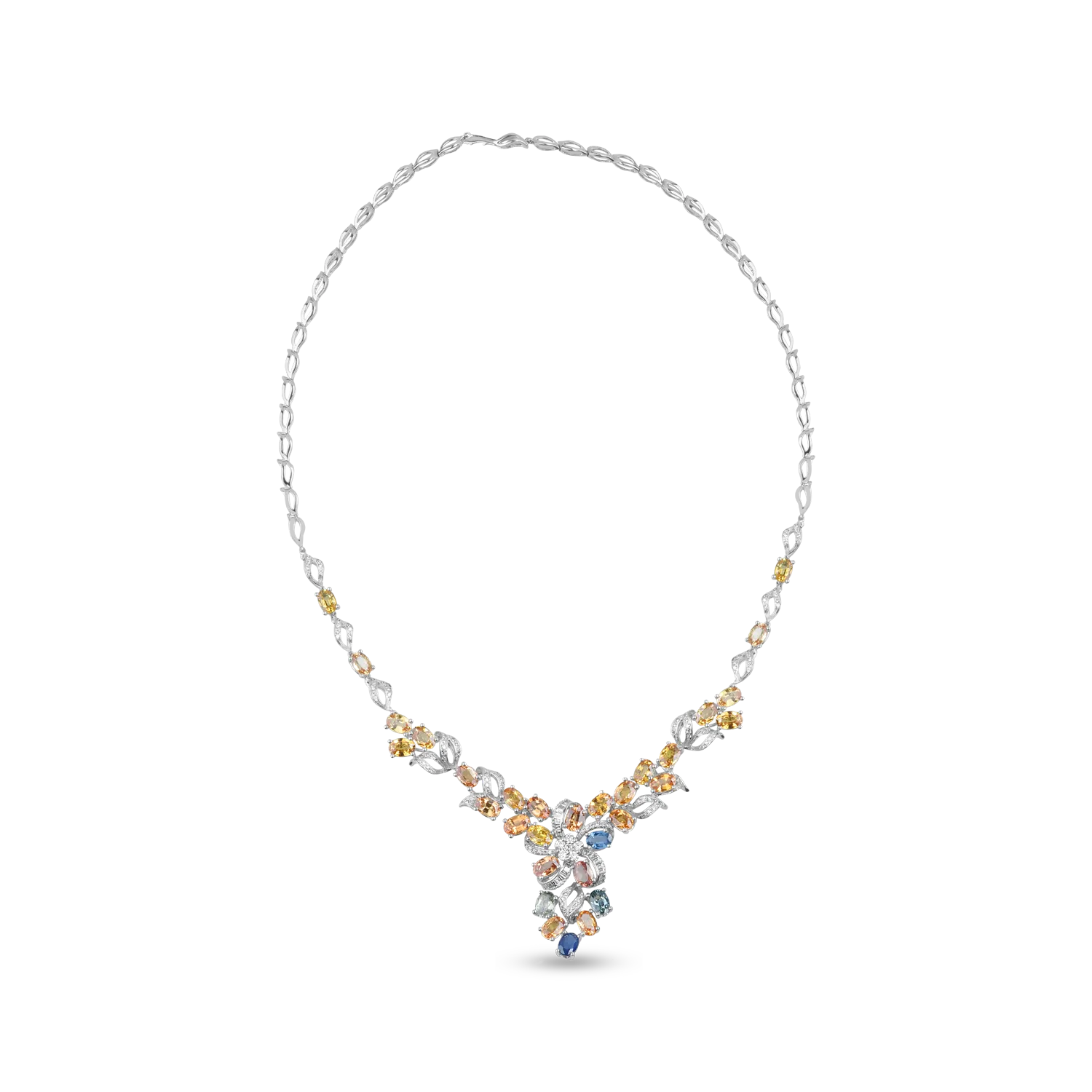 14K white gold pendant chain with 20.72ct multicolored sapphires and 1,236ct diamonds