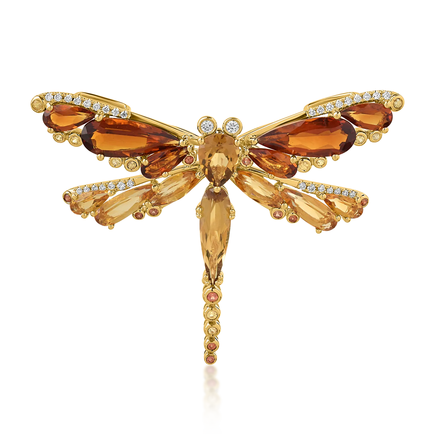 18K yellow gold dragonfly brooch with 11.21ct precious and semiprecious stones