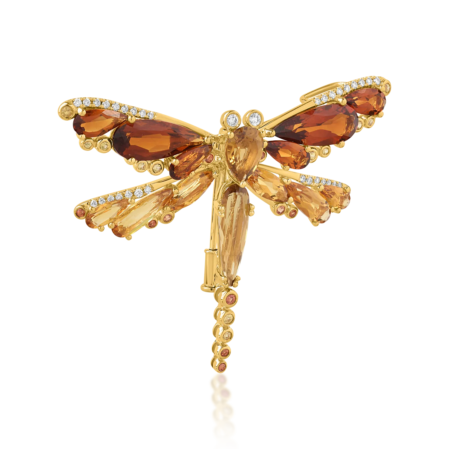 18K yellow gold dragonfly brooch with 11.21ct precious and semiprecious stones