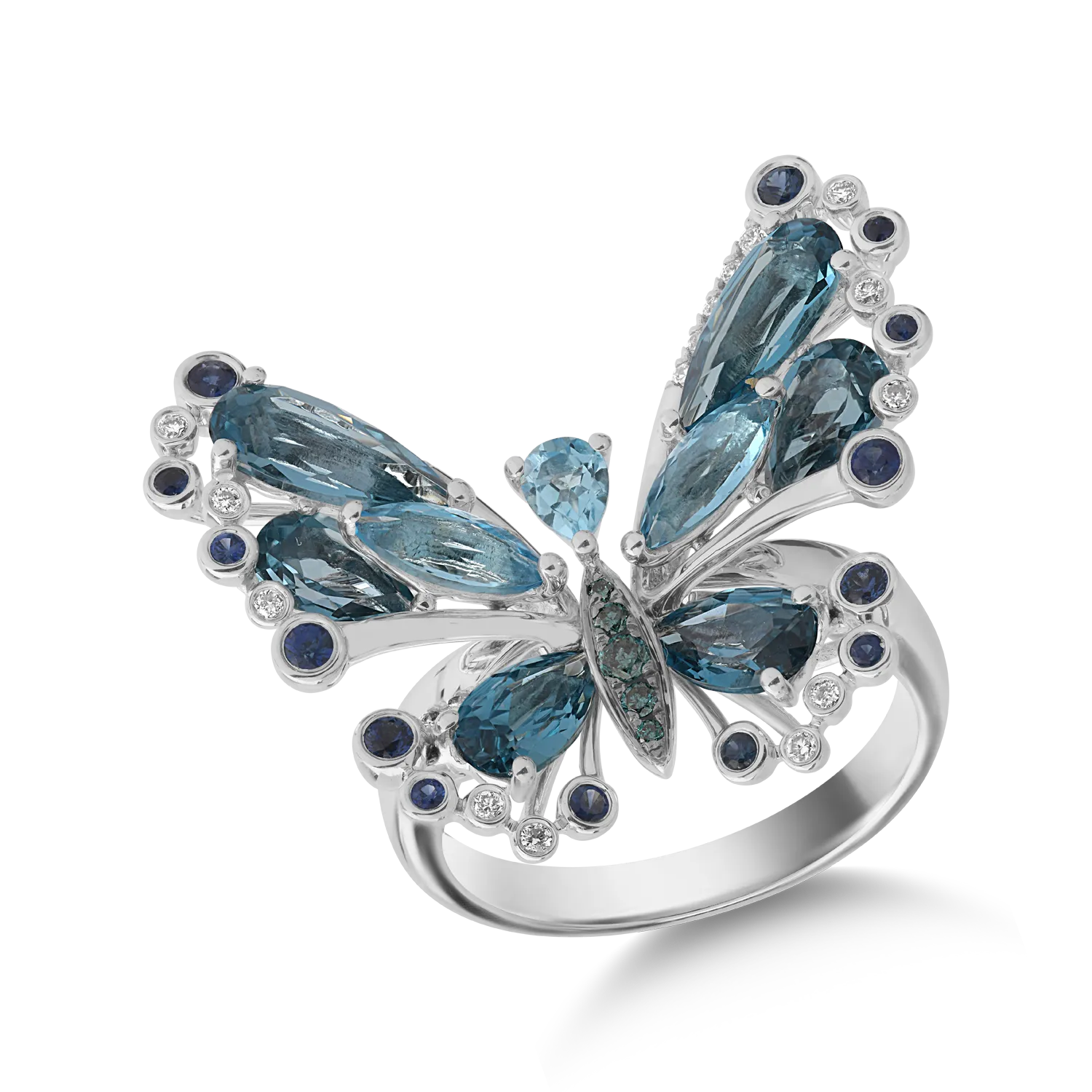 18K fehérarany pillangógyűrű 5,08 karátos drágakövekkel és féldrágakövekkel