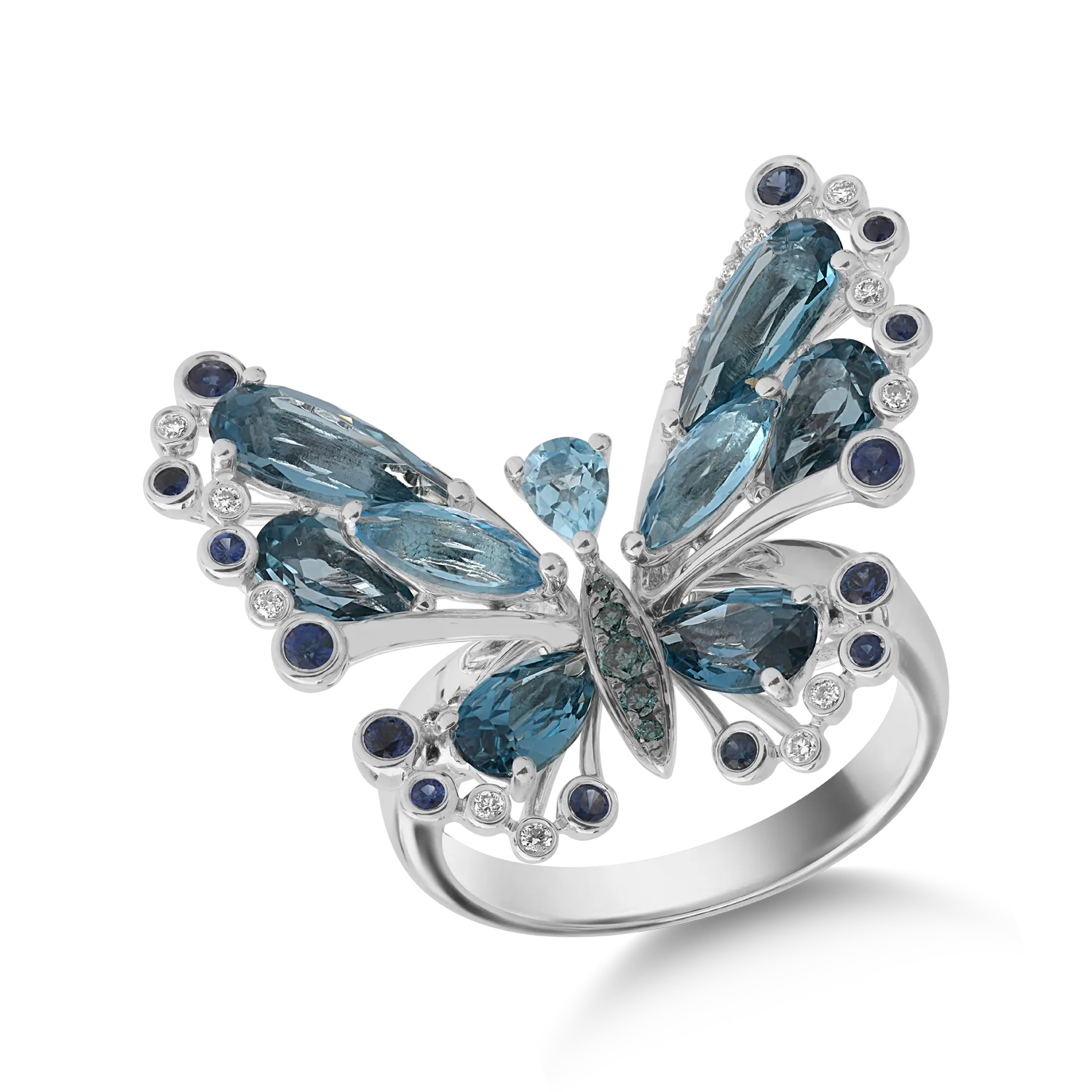 18K white gold butterfly ring with 5.08ct precious and semiprecious stones