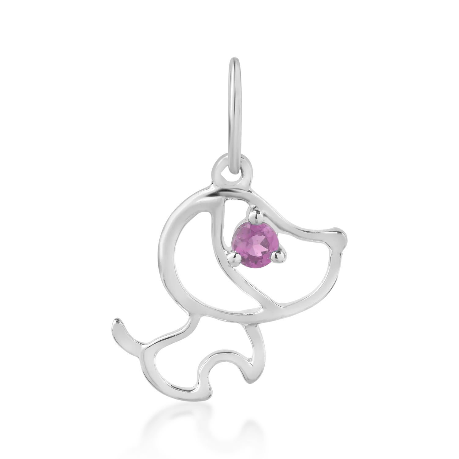 14K white gold dog children's pendant with 0.05ct pink sapphire