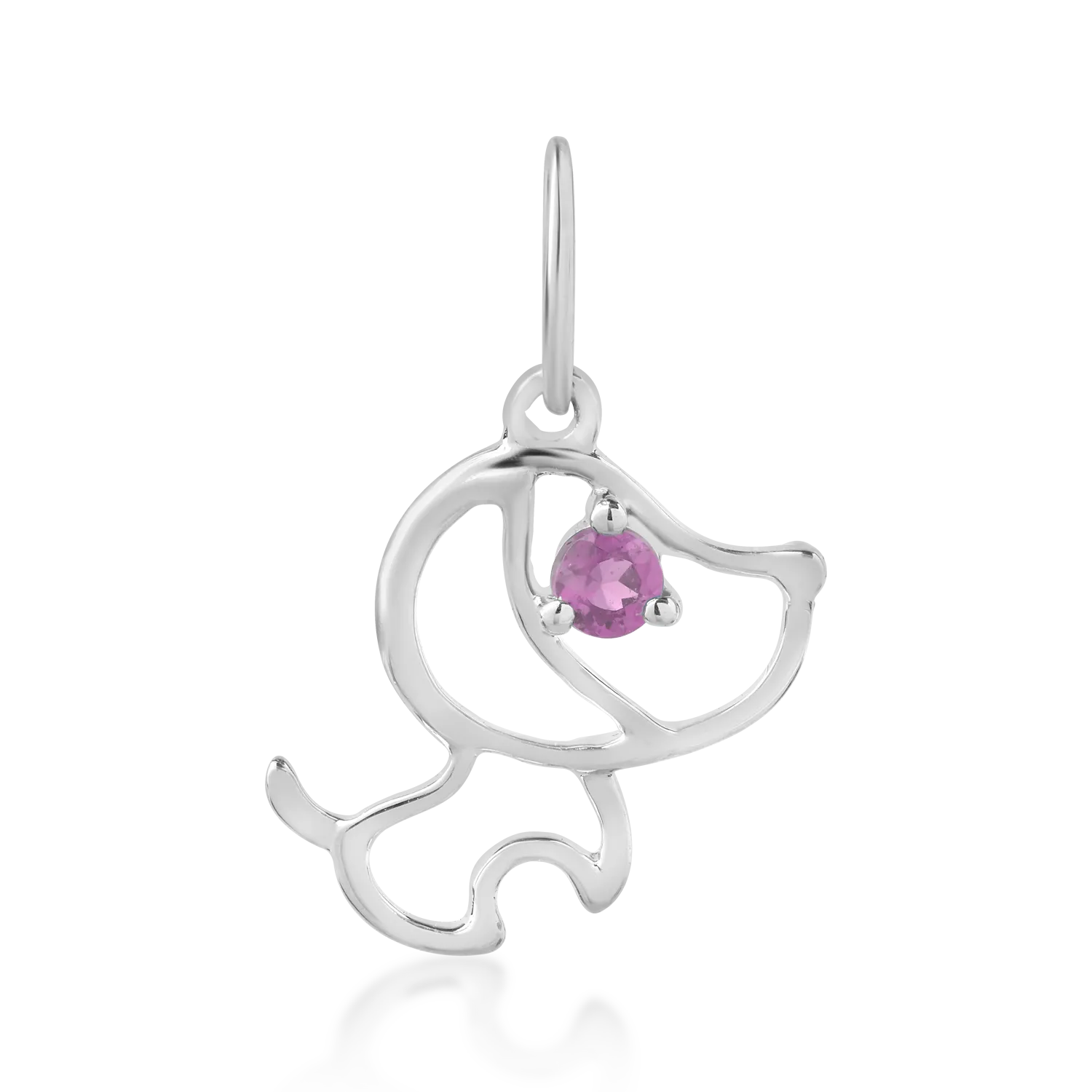 Pandantiv catelus pentru copii din aur alb de 14K cu safir roz de 0.05ct-124807