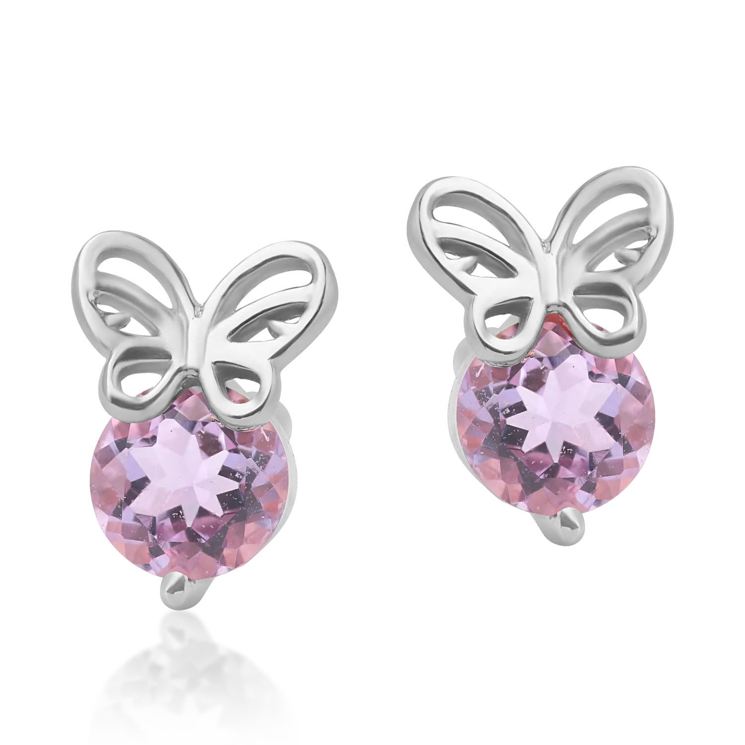 14K fehérarany pillangós gyermekfülbevaló 0,052 karátos rózsaszín ametiszttel