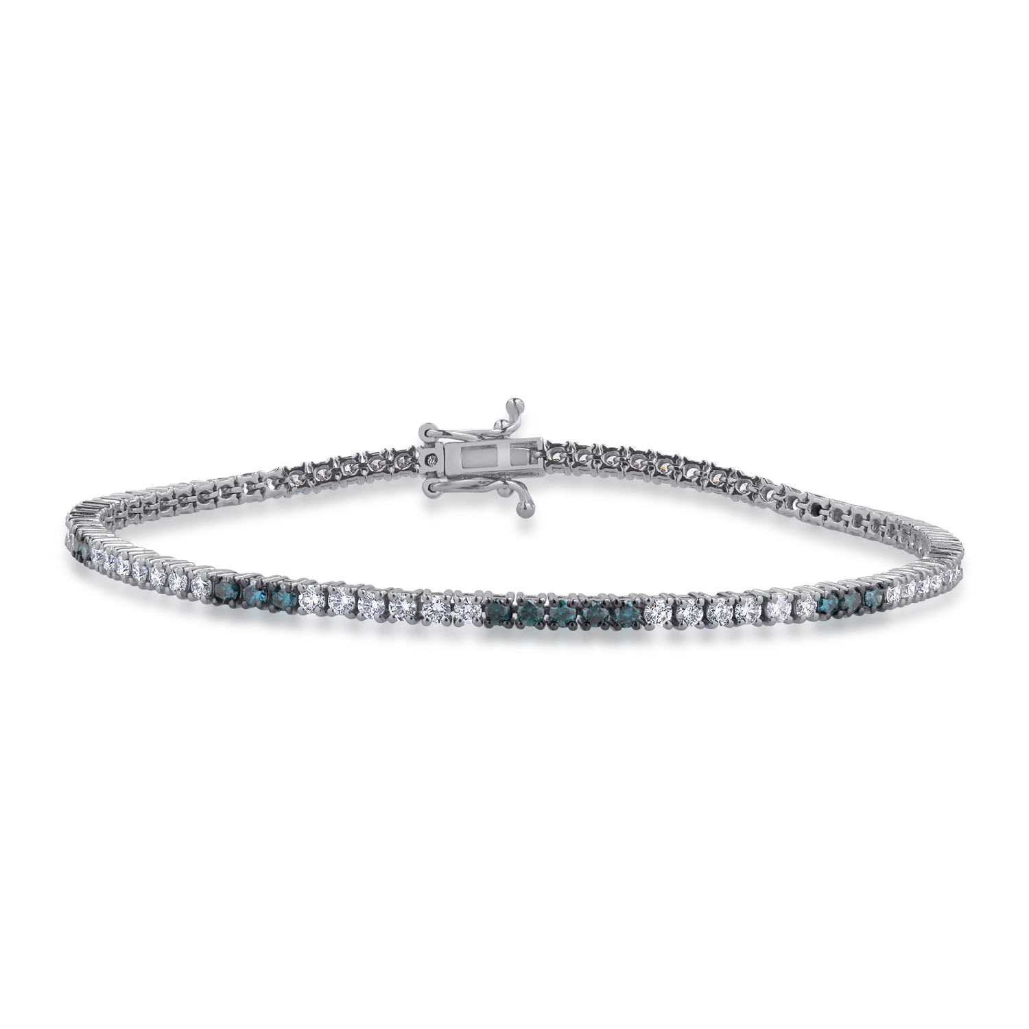 Bratara tennis din aur alb cu diamante transparente de 1ct si diamante albastre de 0.6ct