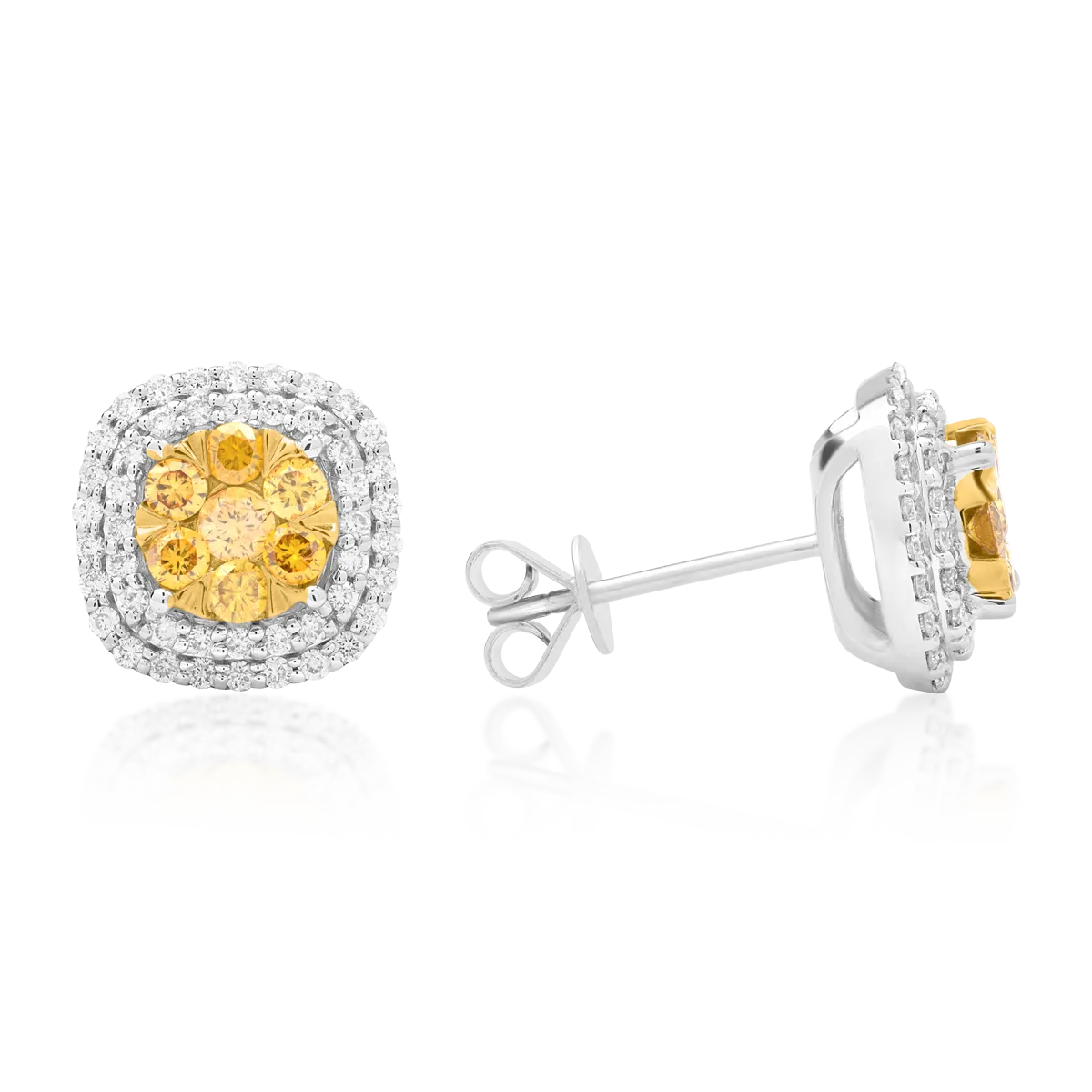 14K white gold earrings with 0.568ct fancy-yellow diamonds and 0.426ct diamonds
