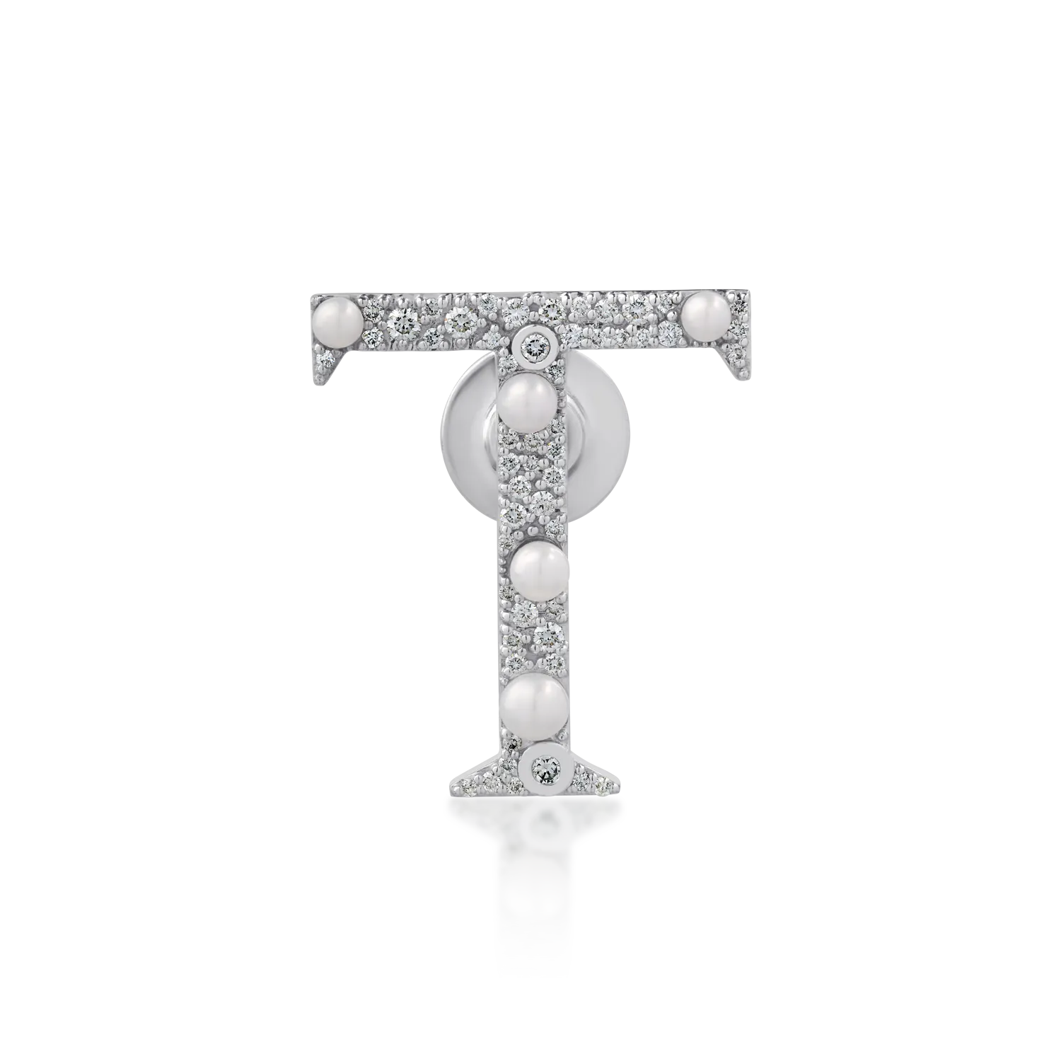 Brosa litera T din aur alb cu perle de cultura de 0.87ct si diamante de 0.36ct