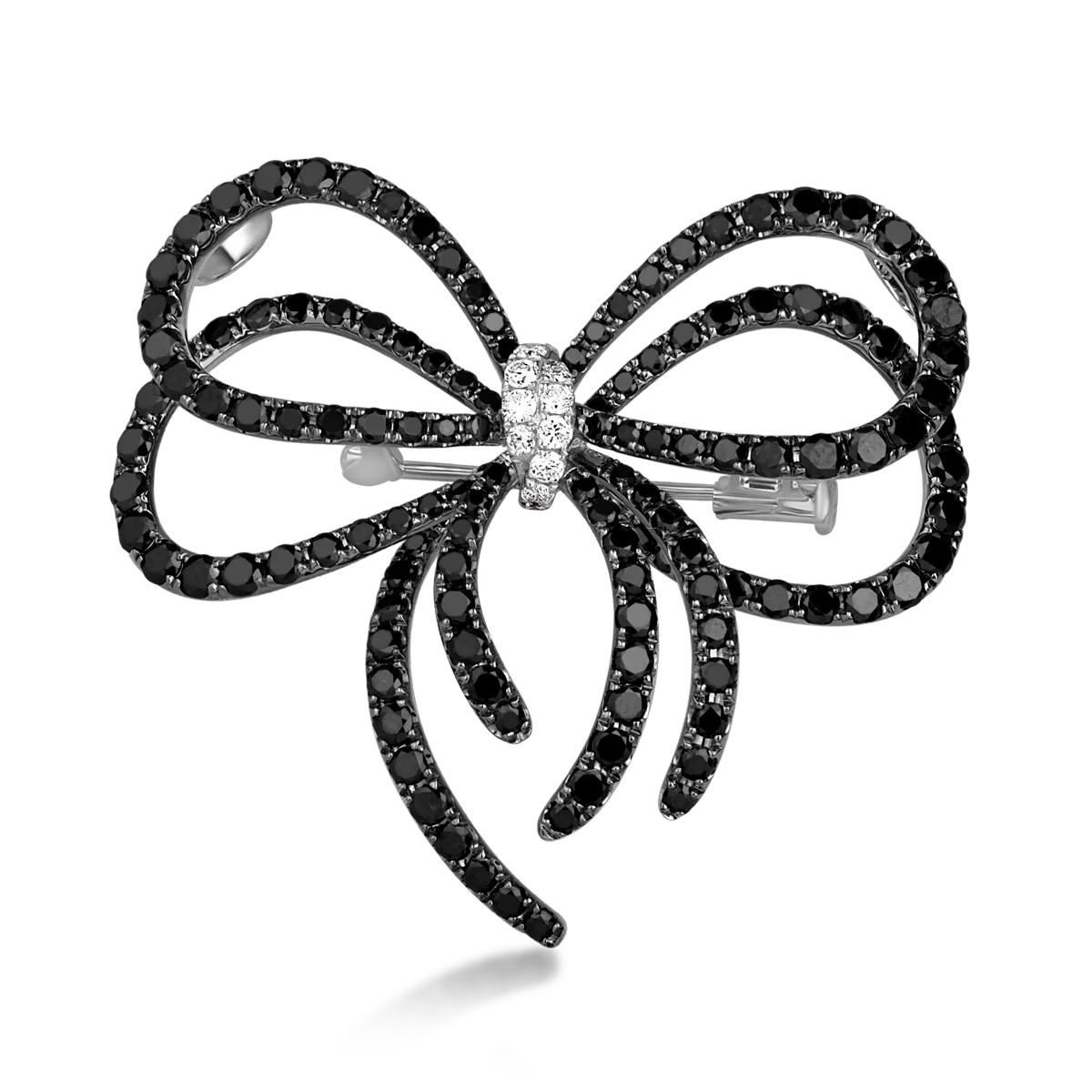 18K white gold brooch with 5.801ct black diamonds and 0.243ct clear diamonds