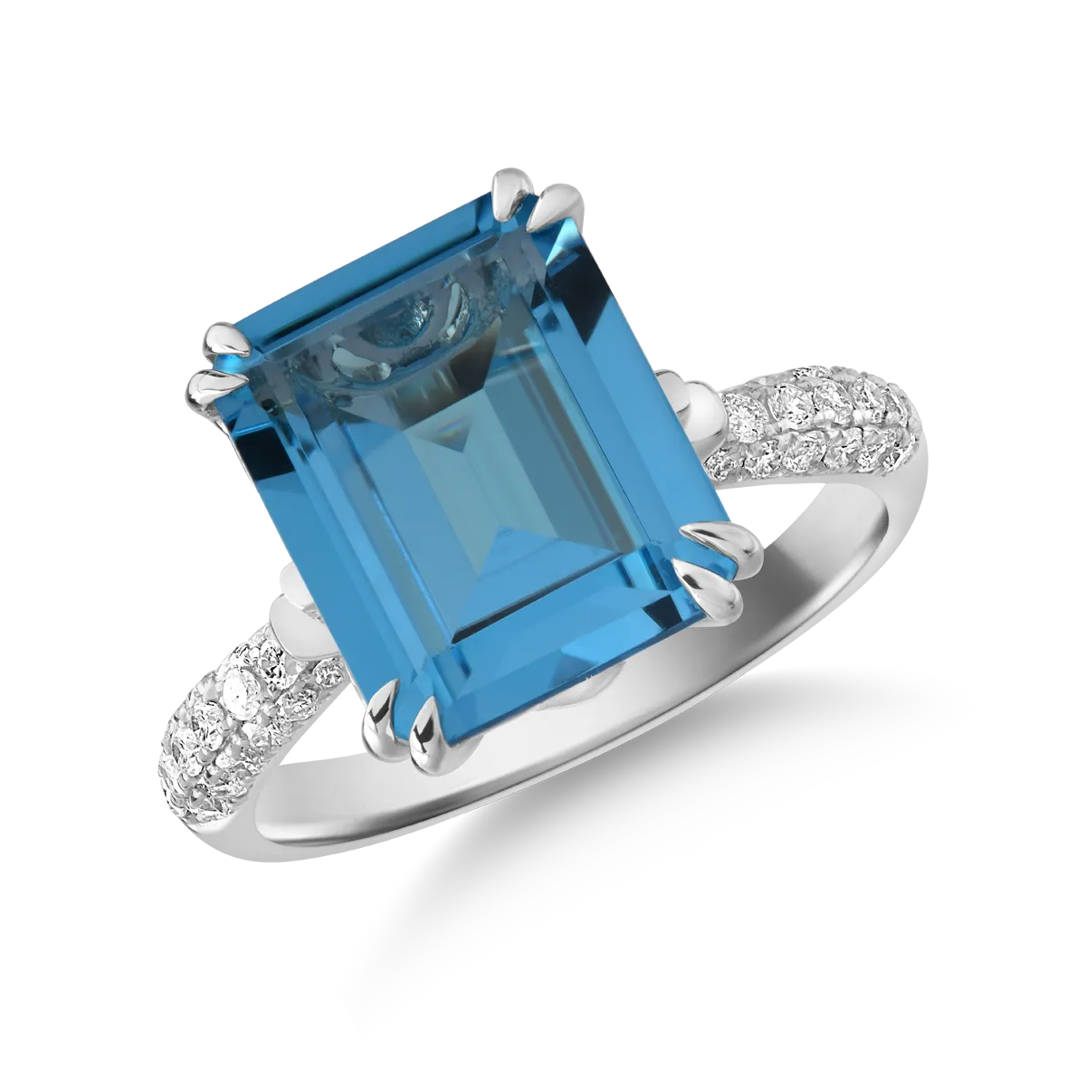 Inel din aur alb de 14K cu topaz albastru de 5.96ct si diamante de 0.32ct