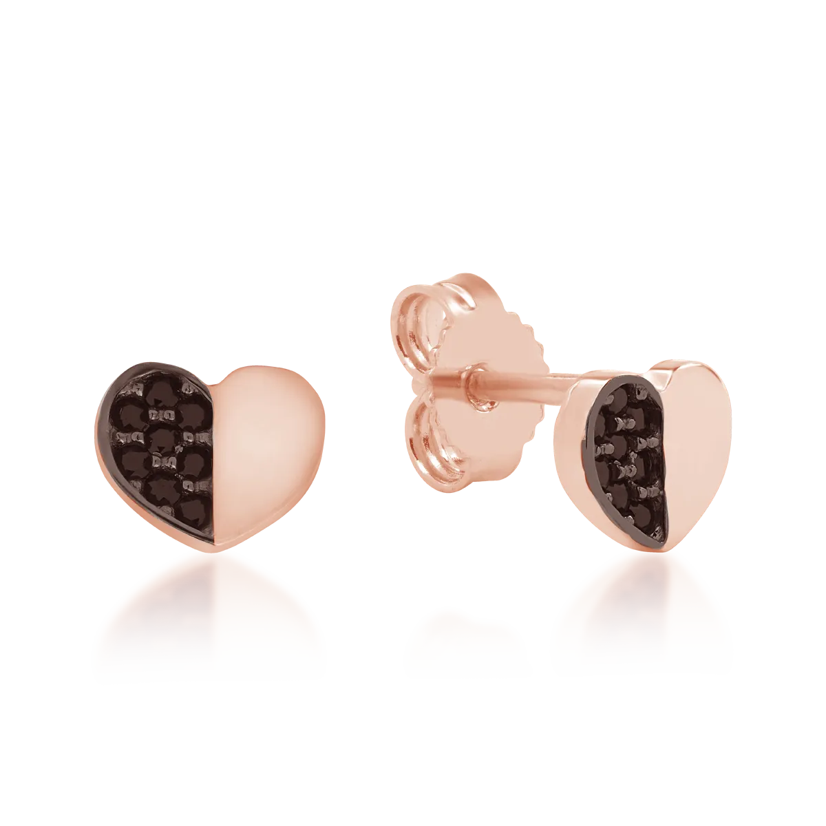 Rose gold heart stud earrings with black zircons