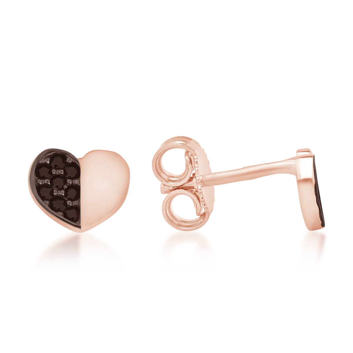 Rose gold heart stud earrings with black zircons