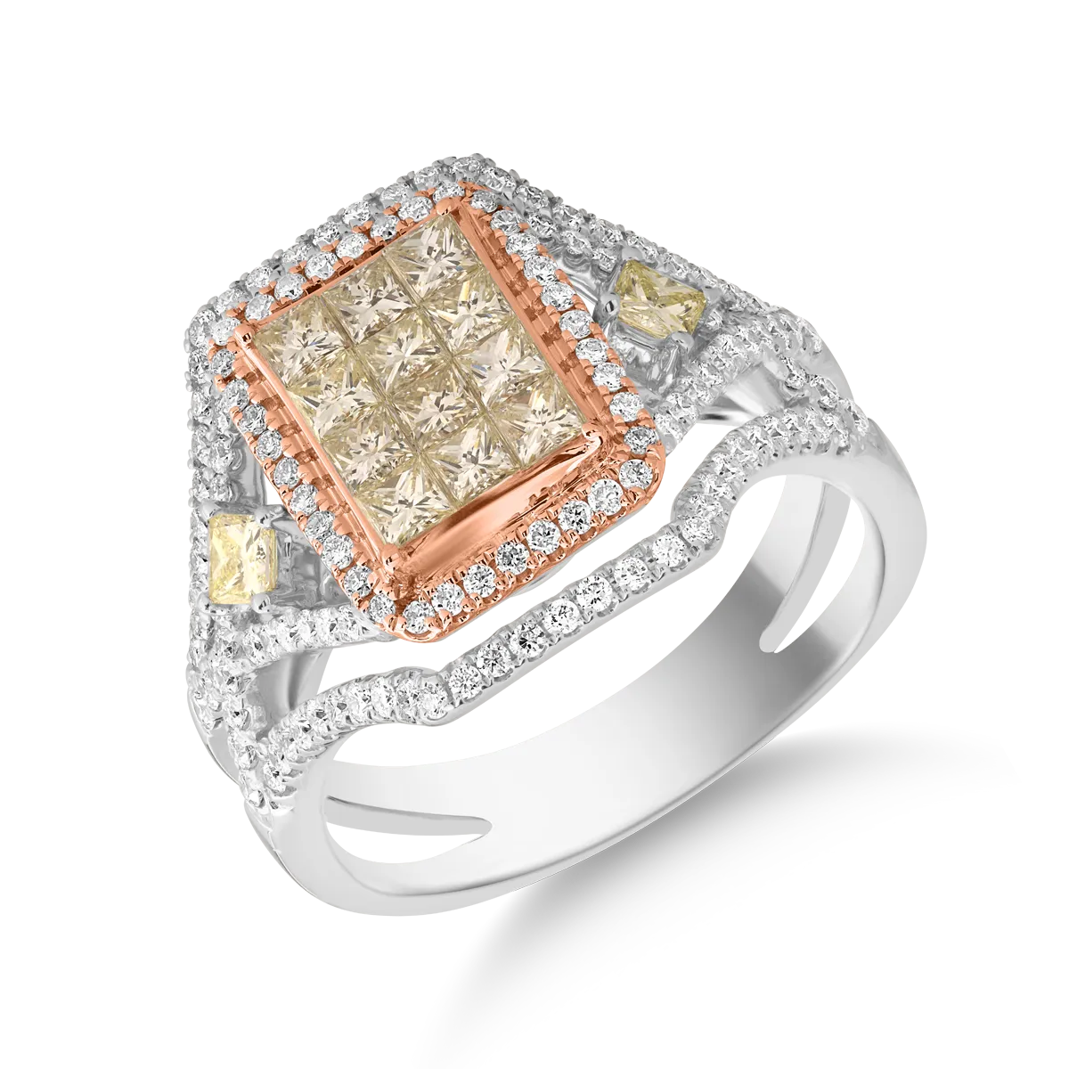 18K fehér rózsa arany gyűrű 0.83ct sárga gyémántokkal és 0.6ct tiszta gyémántokkal