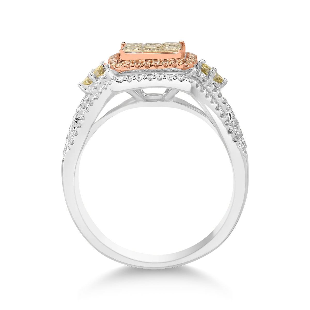 Inel din aur alb-roz de 18K cu diamante galbene de 0.83ct si diamante transparente de 0.6ct