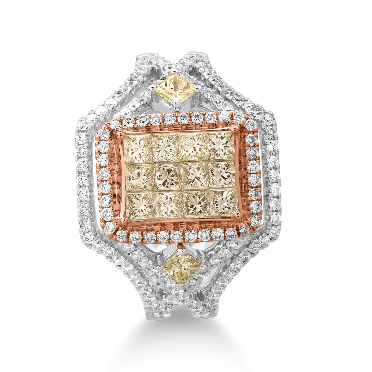 Inel din aur alb-roz de 18K cu diamante galbene de 0.83ct si diamante transparente de 0.6ct