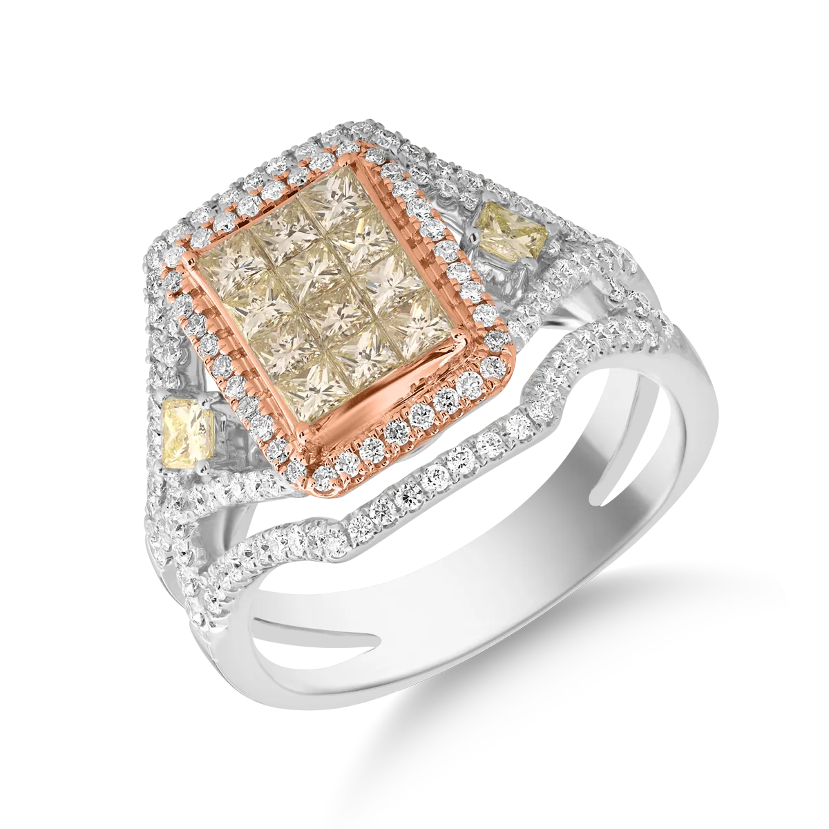 Inel din aur alb-roz cu diamante galbene princess de 0.8ct si diamante transparente de 0.6ct