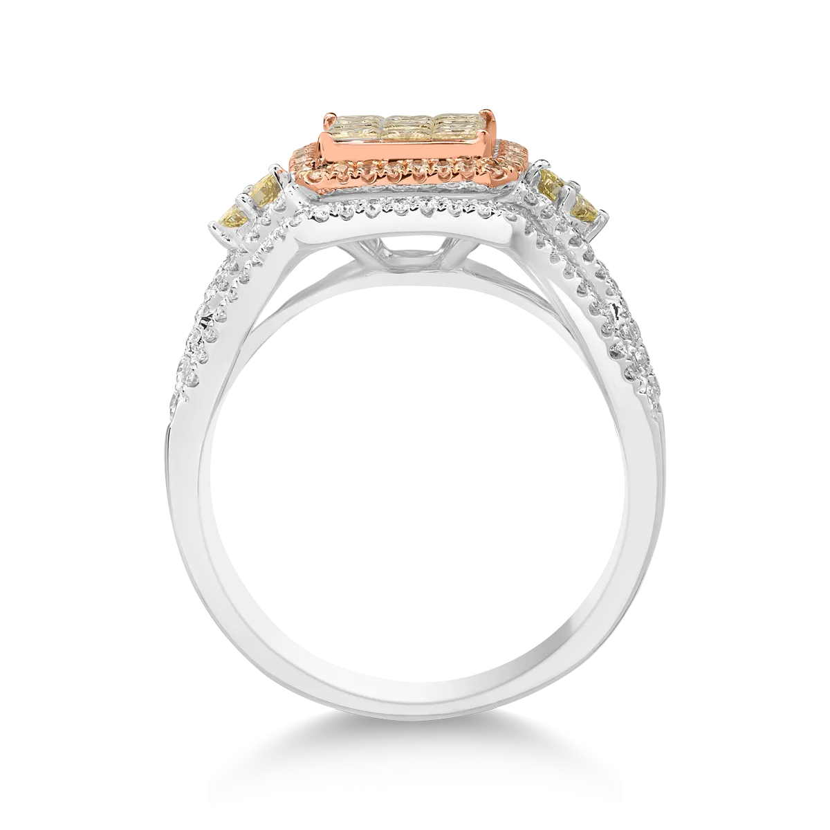 Пръстен от 18K бяло розово злато с 0.8ct жълти диаманти и 0.6ct прозрачни диаманти