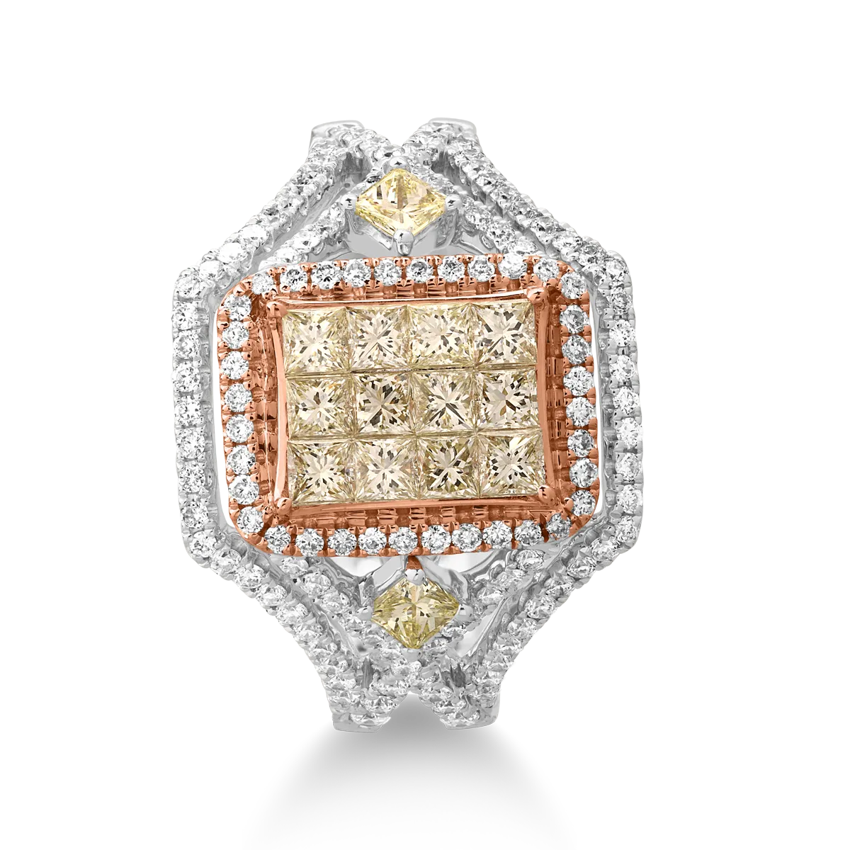 Пръстен от 18K бяло розово злато с 0.8ct жълти диаманти и 0.6ct прозрачни диаманти
