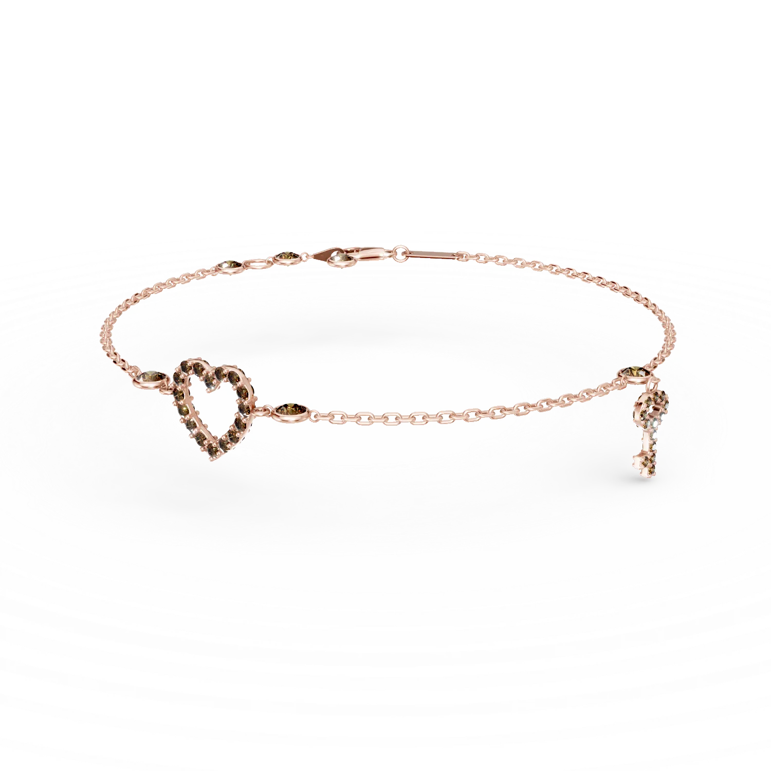 Bratara cu pandantiv inima si cheie din aur roz si zirconii maro