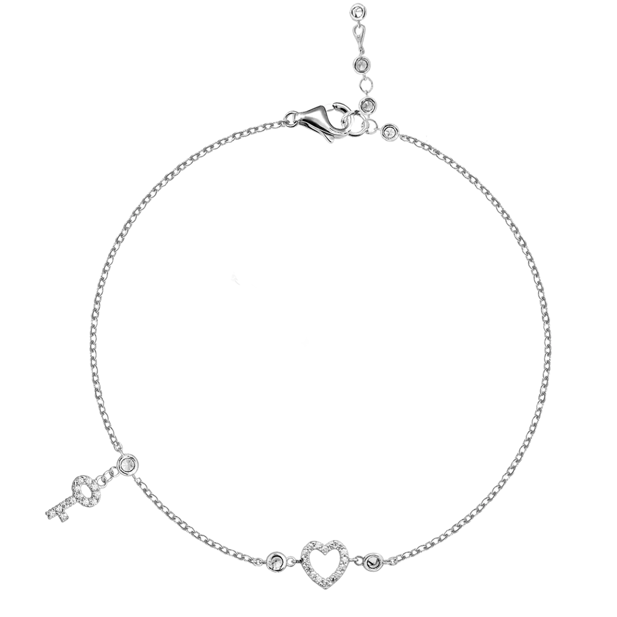 White gold bracelet with heart pendant and key charm