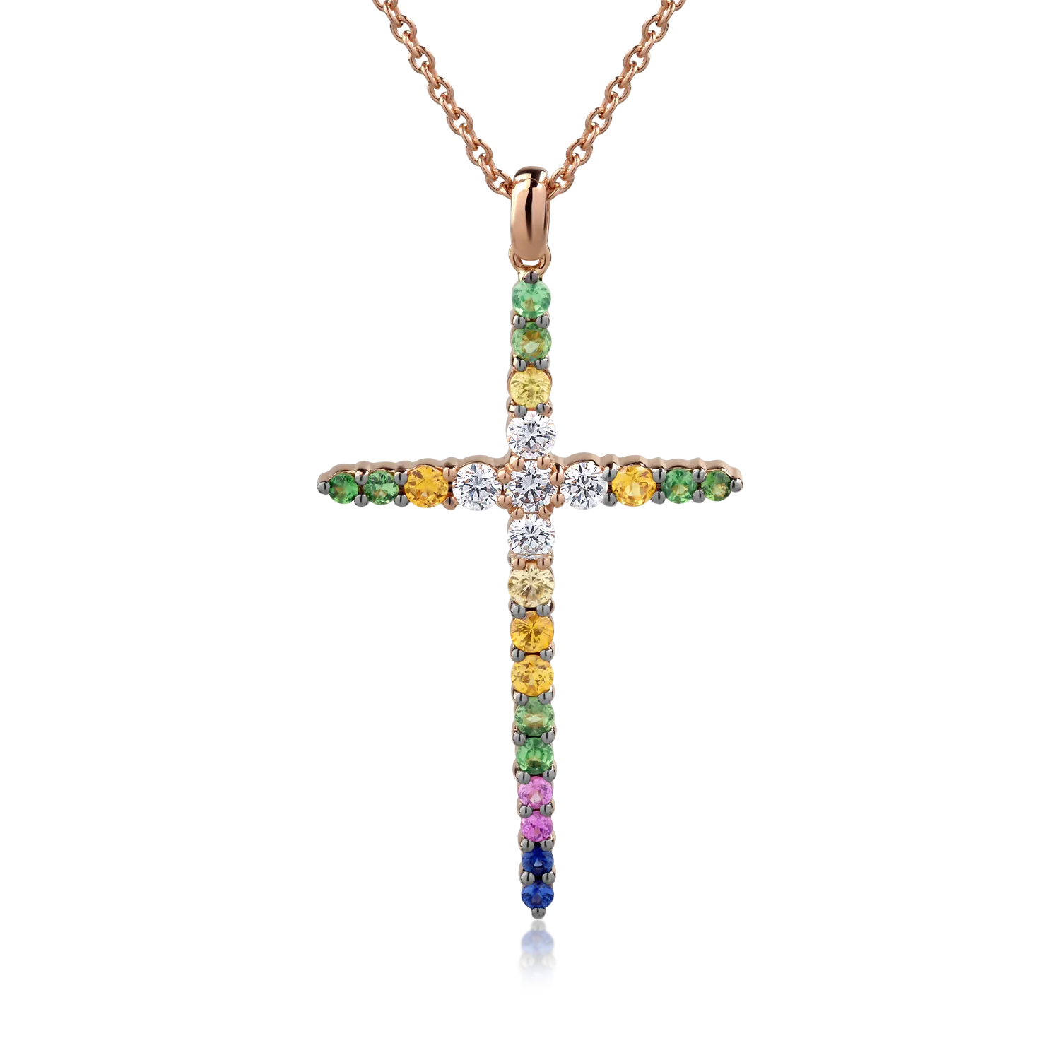 18K rose gold cross pendant necklace with 0.35ct diamonds and 0.72ct multicolored sapphires